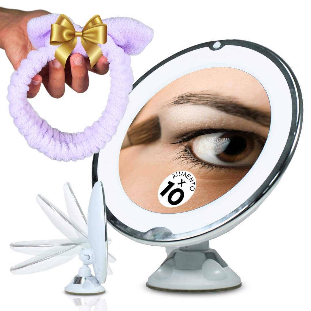 Genérico Espejo Maquillaje con luz LED, Espejo Aumento X10, Gratis Diadema Maquillaje, Ventosa de Pared y Giratorio, a Pilas (no Vienen Incluidas) Espejo para Baño.