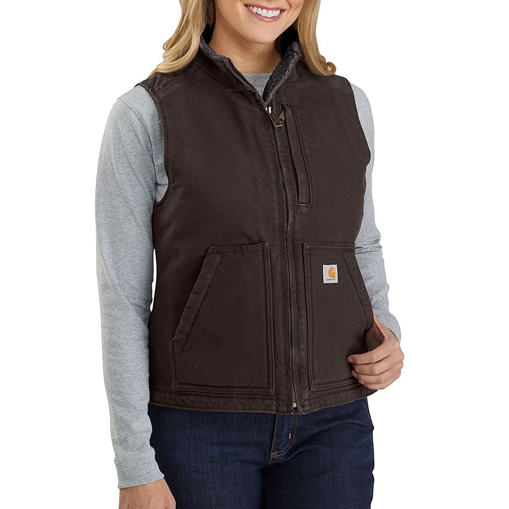 Carhartt Women's Relaxed Fit Washed Duck Sherpa-Lined Mock-Neck Vest - Large - Dark Brown