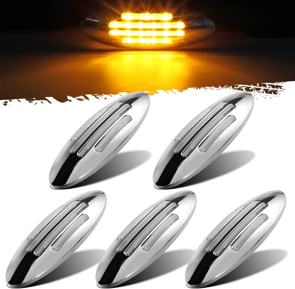 Partsam 5Pcs Flatline Amber Oval Semi Truck 24LED Marker Lights, Clearance Lights Replacement for Freightliner Peterbilt Kenworth