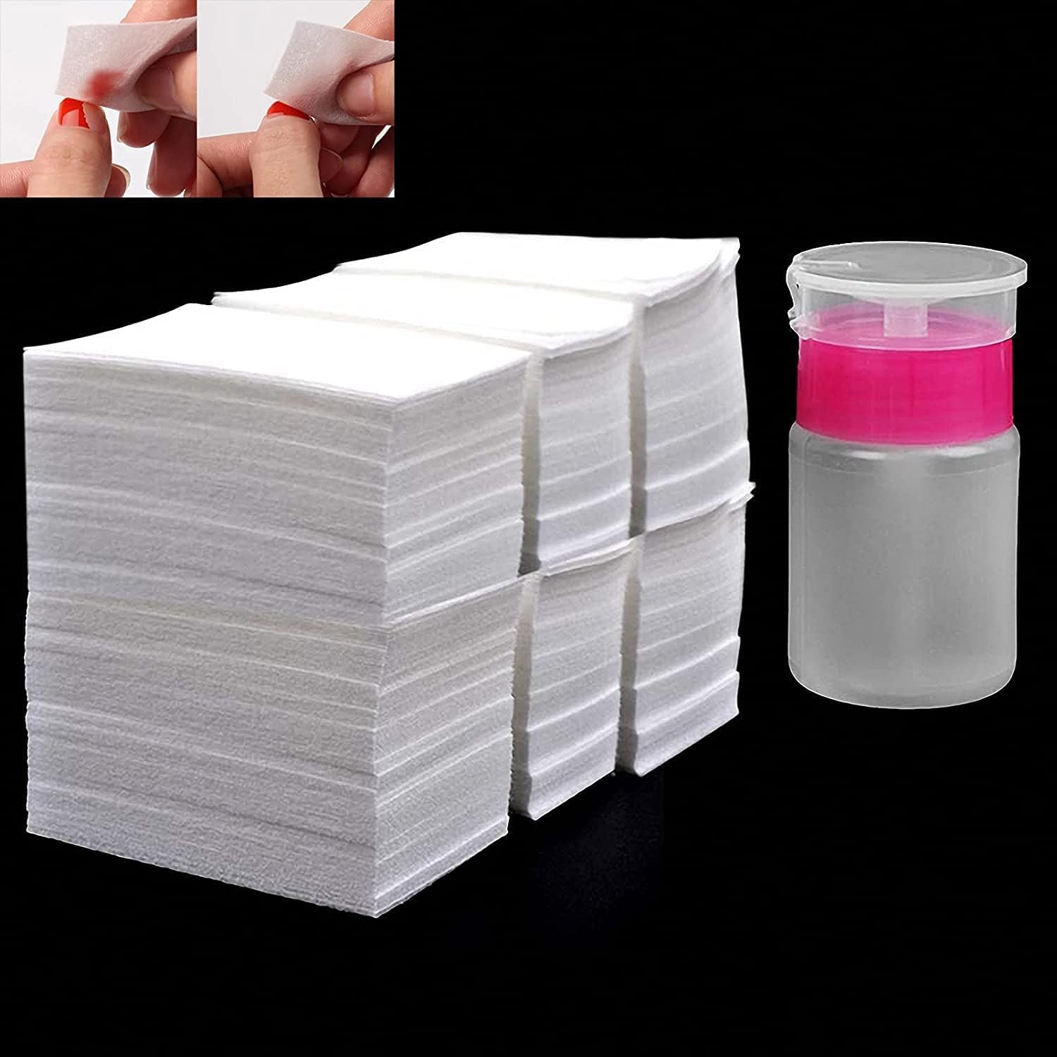 ChicAbode1000 Pcs Lint Free Nail Wipe Pads, Gel Nail Polish Remover Set, with 1 PCS Push Down Pump Dispenser Bottle, for Nail Alcohol Polish Removal, Pure Natural Cotton Fiber, for Home or Salons