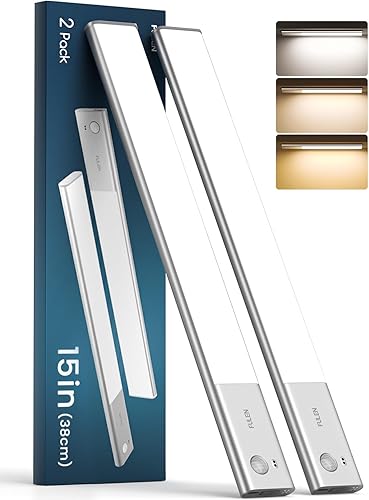 FULEN Luces de armario con sensor de movimiento, iluminación para debajo del gabinete, luces inalámbricas con 3 colores, barra de luz LED de 4000