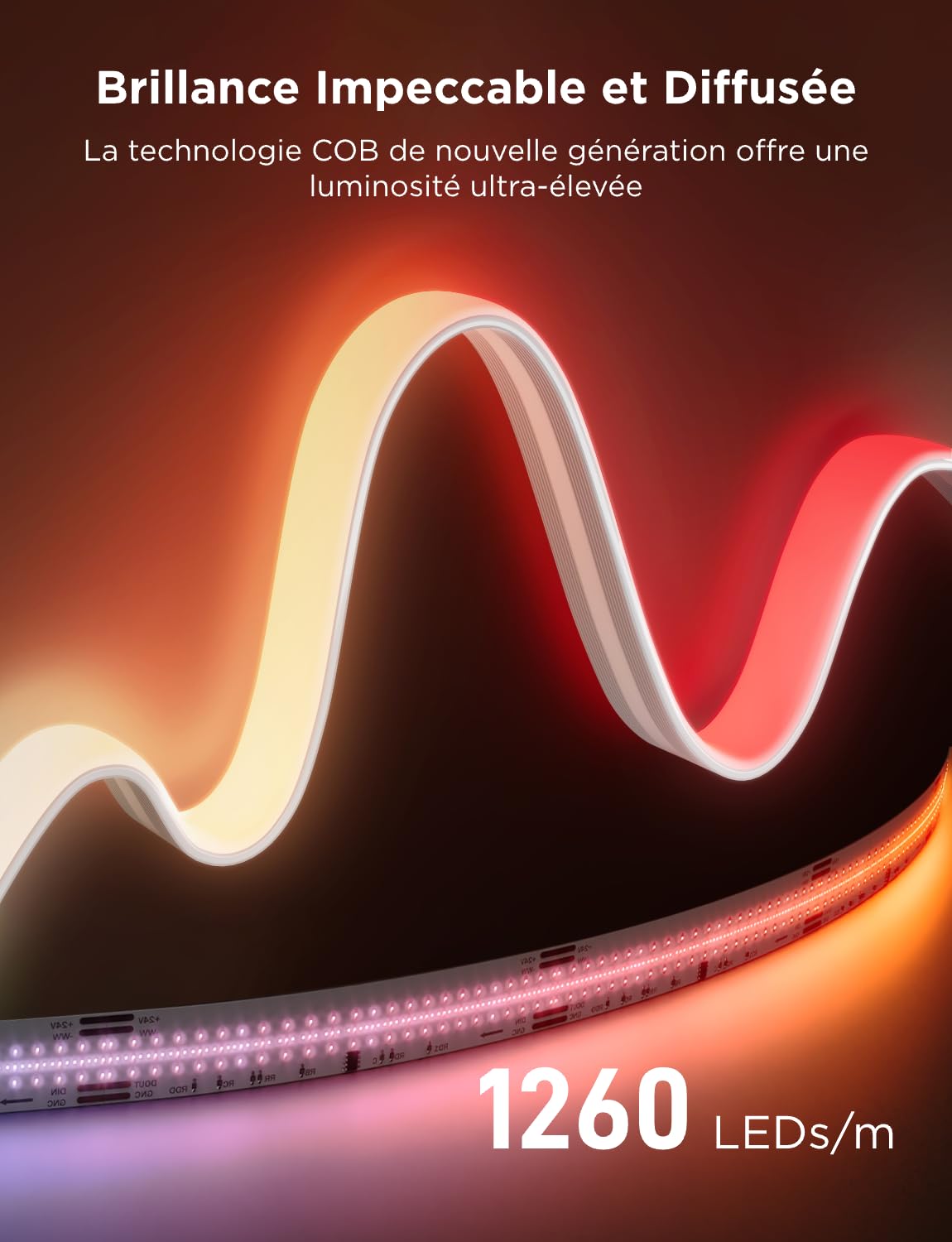 Govee COB Bande Lumineuse LED Pro, Bande Lumineuse Intelligente Compatible avec Alexa, Google Assistant et Matter, Lumière RGBICW avec Blanc Chaud, Changement de Couleur, pour Chambre à Coucher