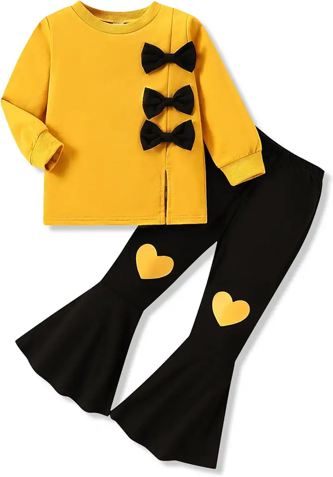 Vitalique 3-9 Years Kids Toddler Girl Clothes bow tie Sweatshirt Flared Pants 2Pcs Fall Winter Outfits Set