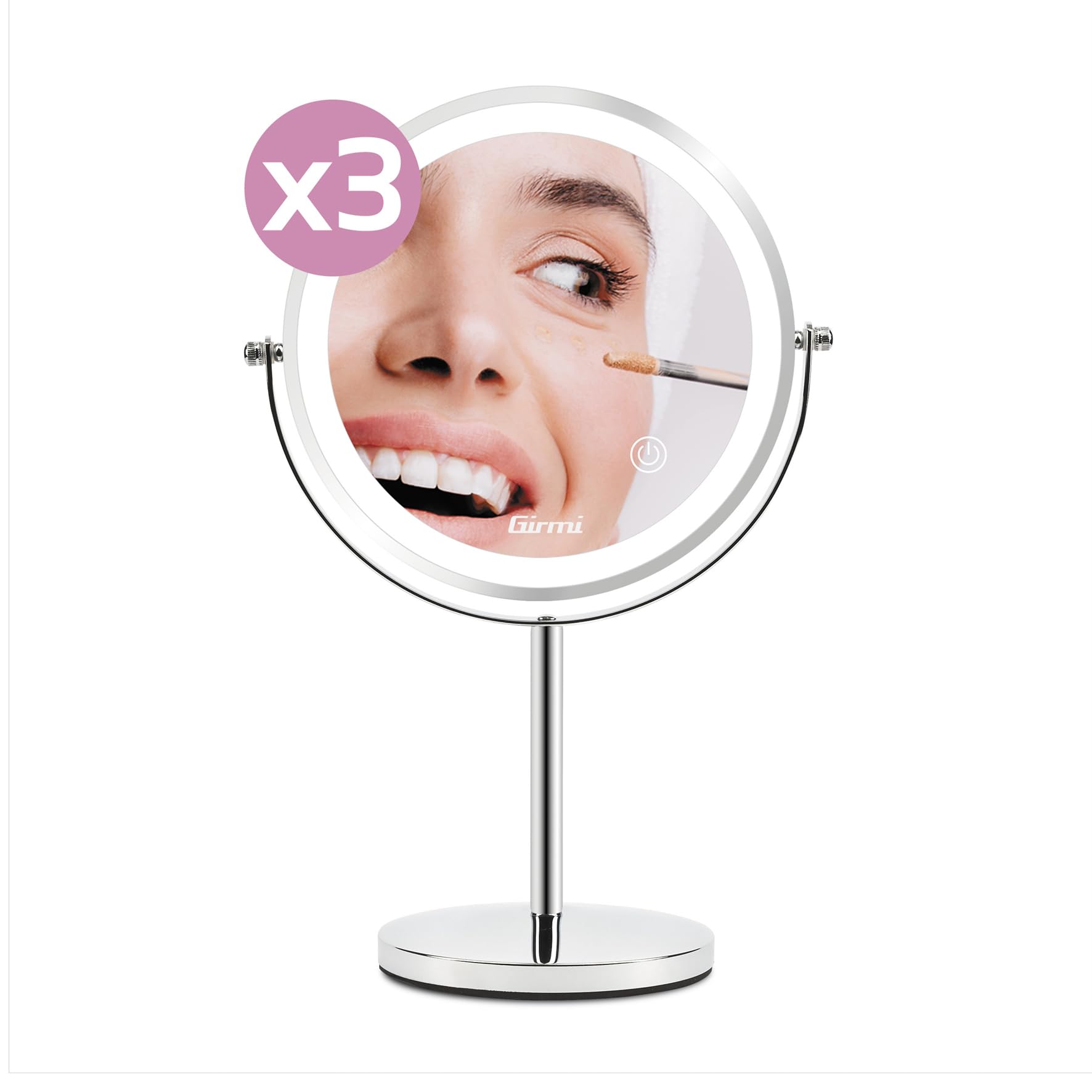 Girmi BE02 Specchio per Trucco con Luce LED, Lente di ingrandimento 1x/3X, Illuminazione a 3 colori, Ricaricabile con Doppio specchio, Rotazione a 360° e Tasto Touchscreen, Cromato