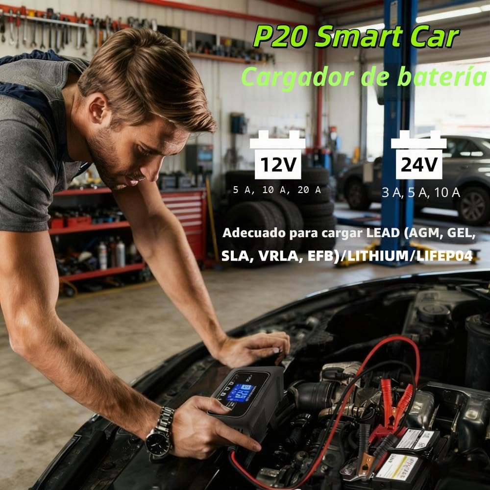 Cargador y mantenedor de batería Inteligente de 12V/24V y 20A, P20 4 Modos de Carga de Litio/AGM/Plomo-ácido/LiFePO4,con Pantalla LCD y función de reparación por pulsos,para automóviles,Motocicletas