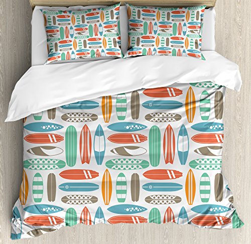 Ambesonne Surfboard Duvet Cover Set, Colorful Surfing Sea Pattern with Summer Travel Illustration