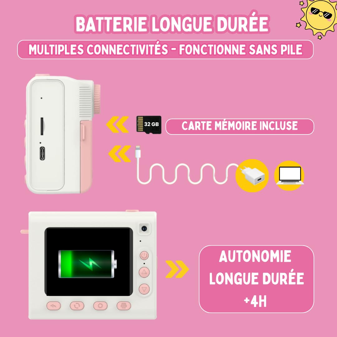 Appareil Photo Enfant, Appareil Photo Instantané, Écran Large avec Papier d'impression et Carte 32GB, Mode Video et Selfie, Jouet Cadeau pour Filles et Garçons Enfant de 3-14 Ans (Rose)
