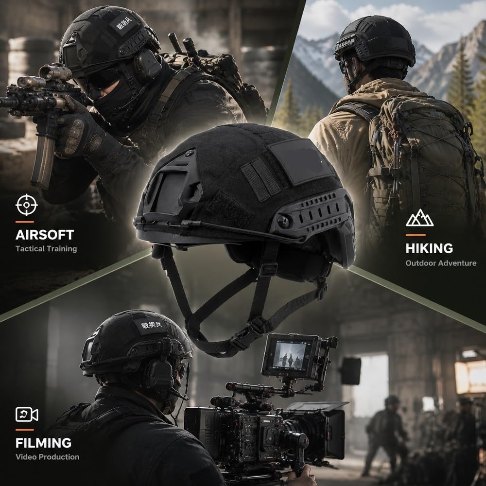 Fast FRP-Helm, komplettes Zubehör-Set, leichte Headset-Brillen-Requisite | Einteilige FRP-Schale, Verstellbar, Mit Taschenlampe, Headset, Tasche, Requisiten
