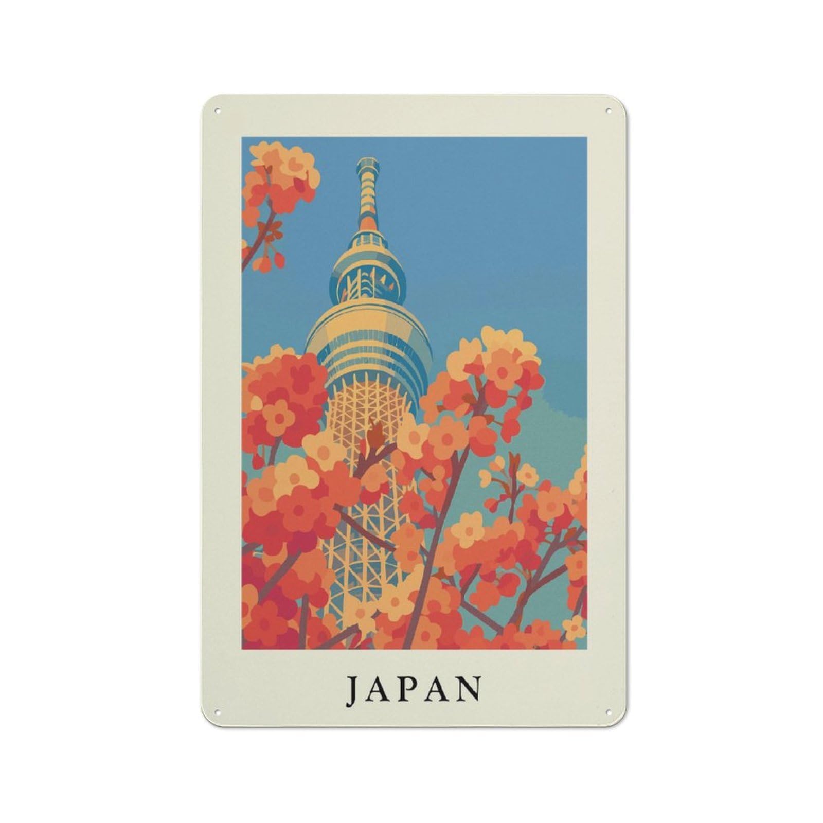 Junmoney Style-9 Vintage Metal Plaque 30X20cm Featuring Tokyo Skytree And Cherry Blossoms Art, Diner Style Decor For Restaurant, Kitchen, Counter Or Breakfast Nook