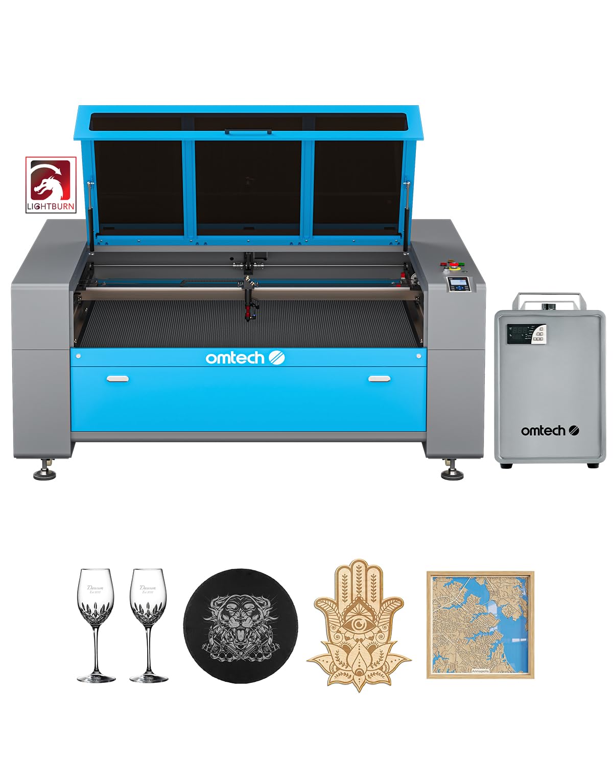 OMTech Autofocus 130W CO2 Laser Engraver with Water Chiller and Lightburn, 35x55 Inch Laser Cutting Machine Autolift 3 Way Pass Air Assist Caster Wheel