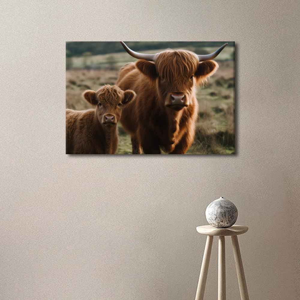 Highland Cow and Calf in Field Picture Poster Canvas Wall Art Livestock Animal Portrait Painting Prints Animal Poster Rustic Yak Artwork Farmhouse Home Living Room Bedroom Decoration 1Pcs(16"Wx24"H) - Image 3