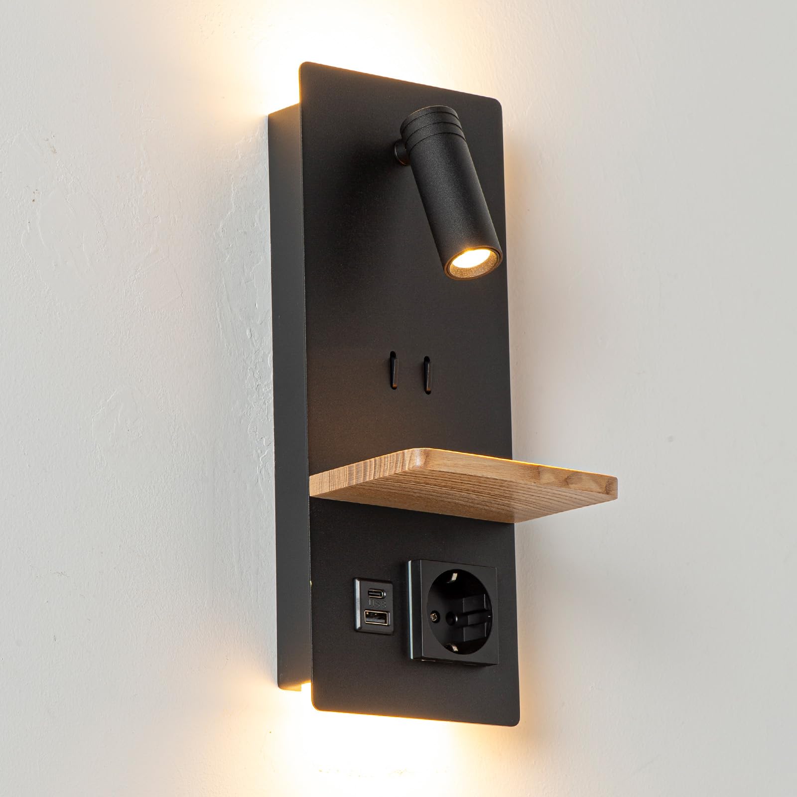 Alpinaluz Schwarze Wandleuchte mit schwenkbarem Leselicht, 3 W und Umgebungslicht, 6 W, 2800 K, USB-Ladeanschluss A+C, Schuko-Stecker und Holzregal für Schlafzimmer und Kopfteil