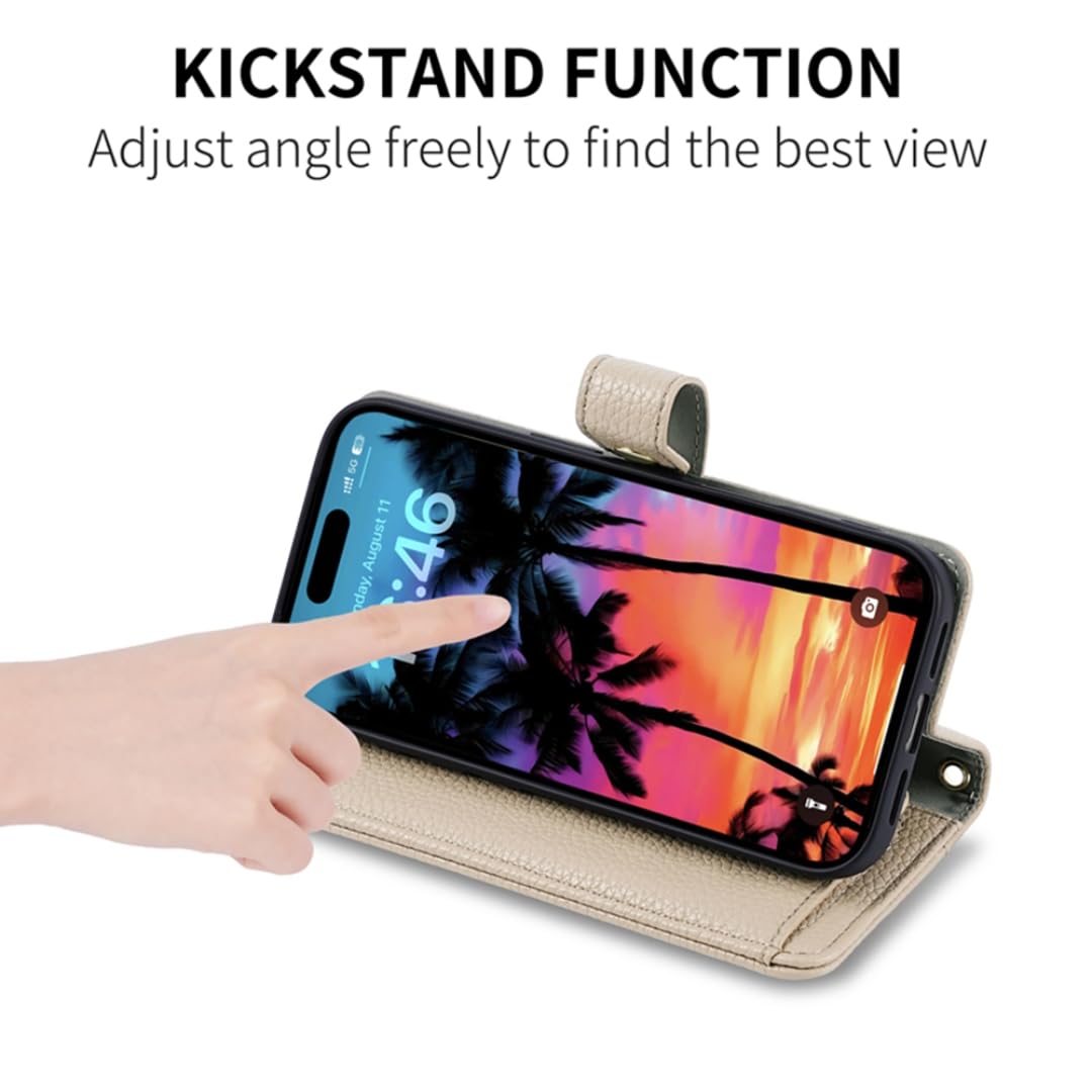 Etui typu crossbody z portfelem, paskiem ochronnym i podpórką, skórzanym etui na karty i gotówkę (do iPhone'a 15 Pro/błękit nieba)