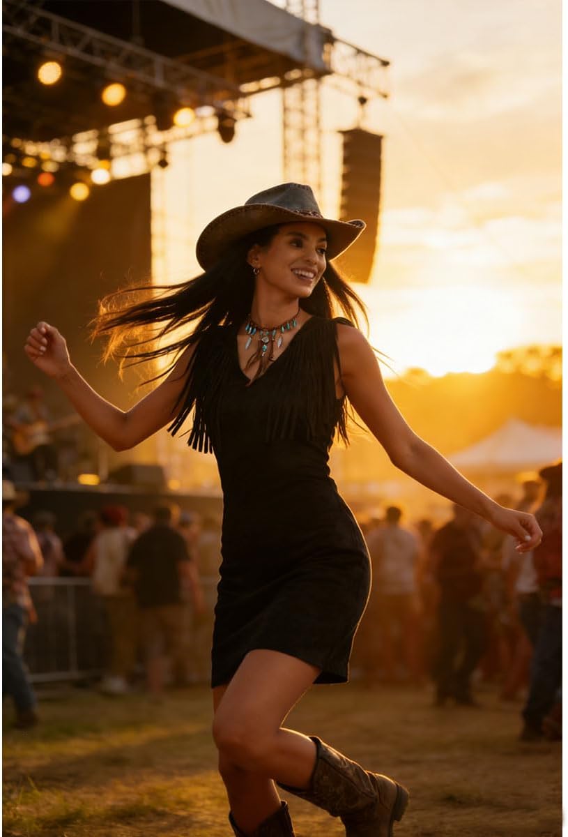 J.Corrine Western Style Faux Suede Fringe Dress Sleeveless V-Neck Bodycon Design with Tassels Hem Brown Black Cowgirl Outfit - Image 3