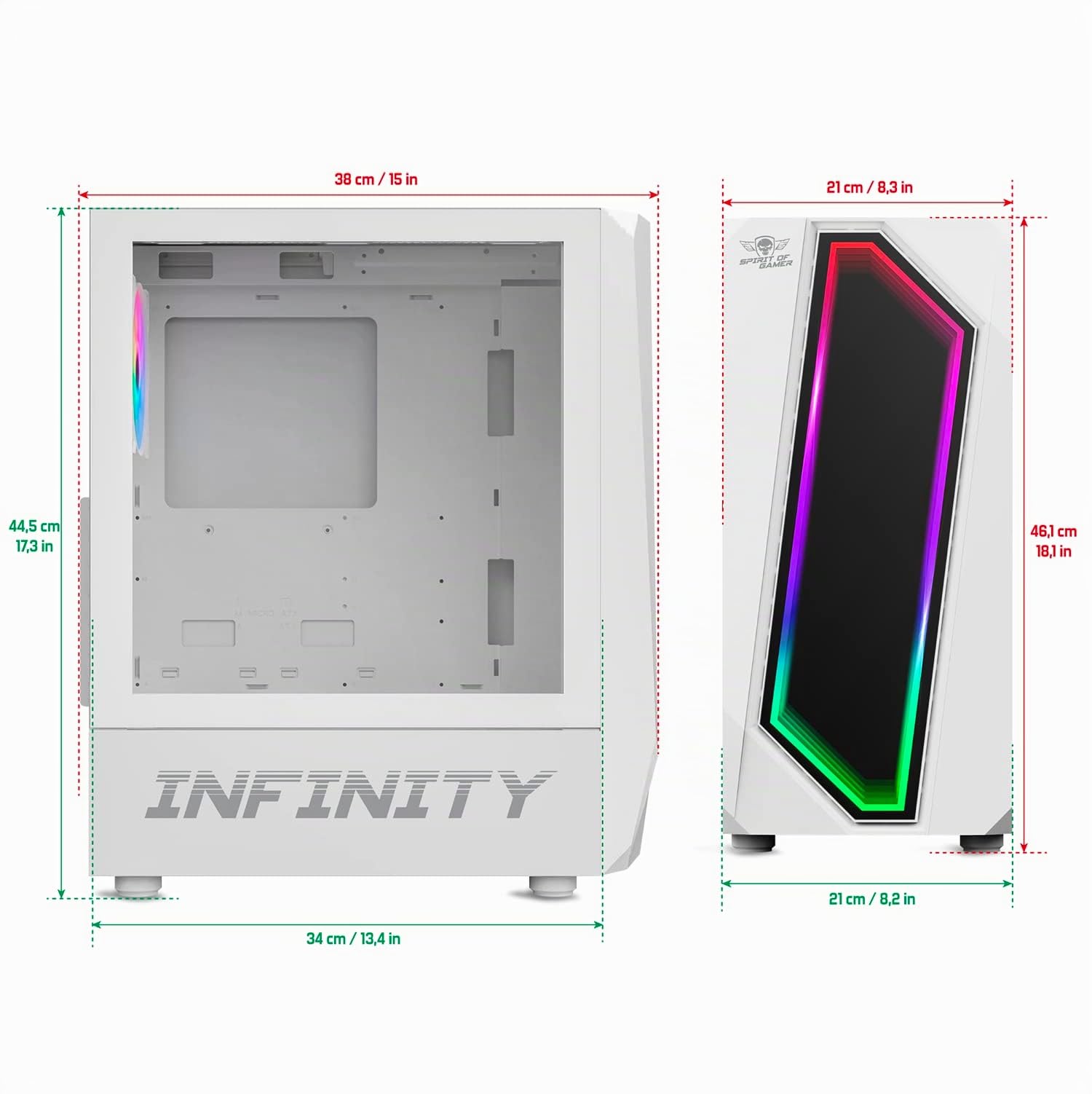 Spirit Of Gamer - INFINITY ARTIC | Case PC Gaming ATX Bianco | Case Mid Tower RGB con Pareti Laterali in Vetro Temperato | Compatibile con ATX, Micro ATX, ITX | 2 Ventole per PC da 120 mm con 1 ARGB