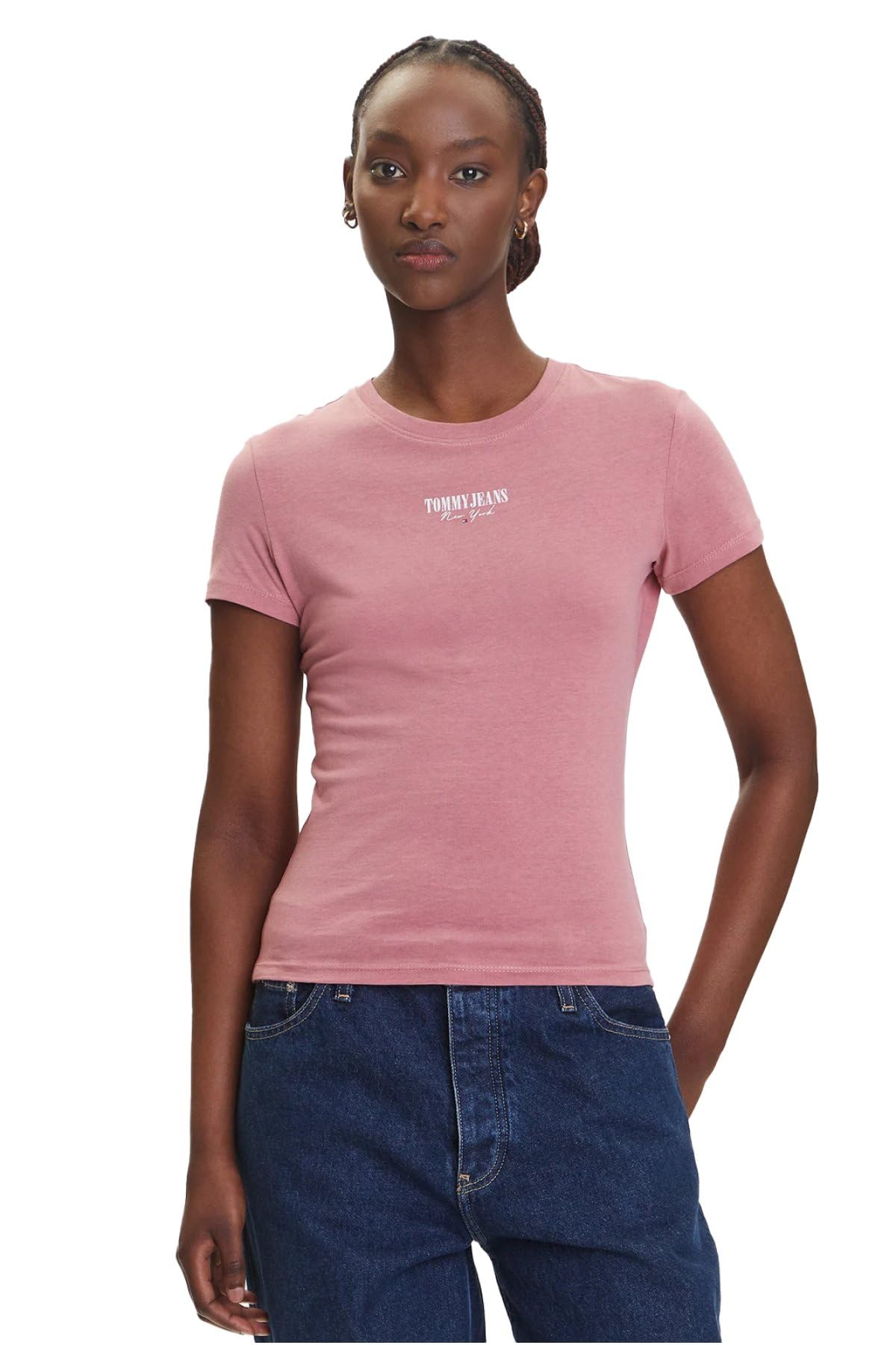 Tommy Jeans Women’s Short Sleeve Slim Essential Logo Cropped T-Shirt, Pink (Tahiti Berry), XL