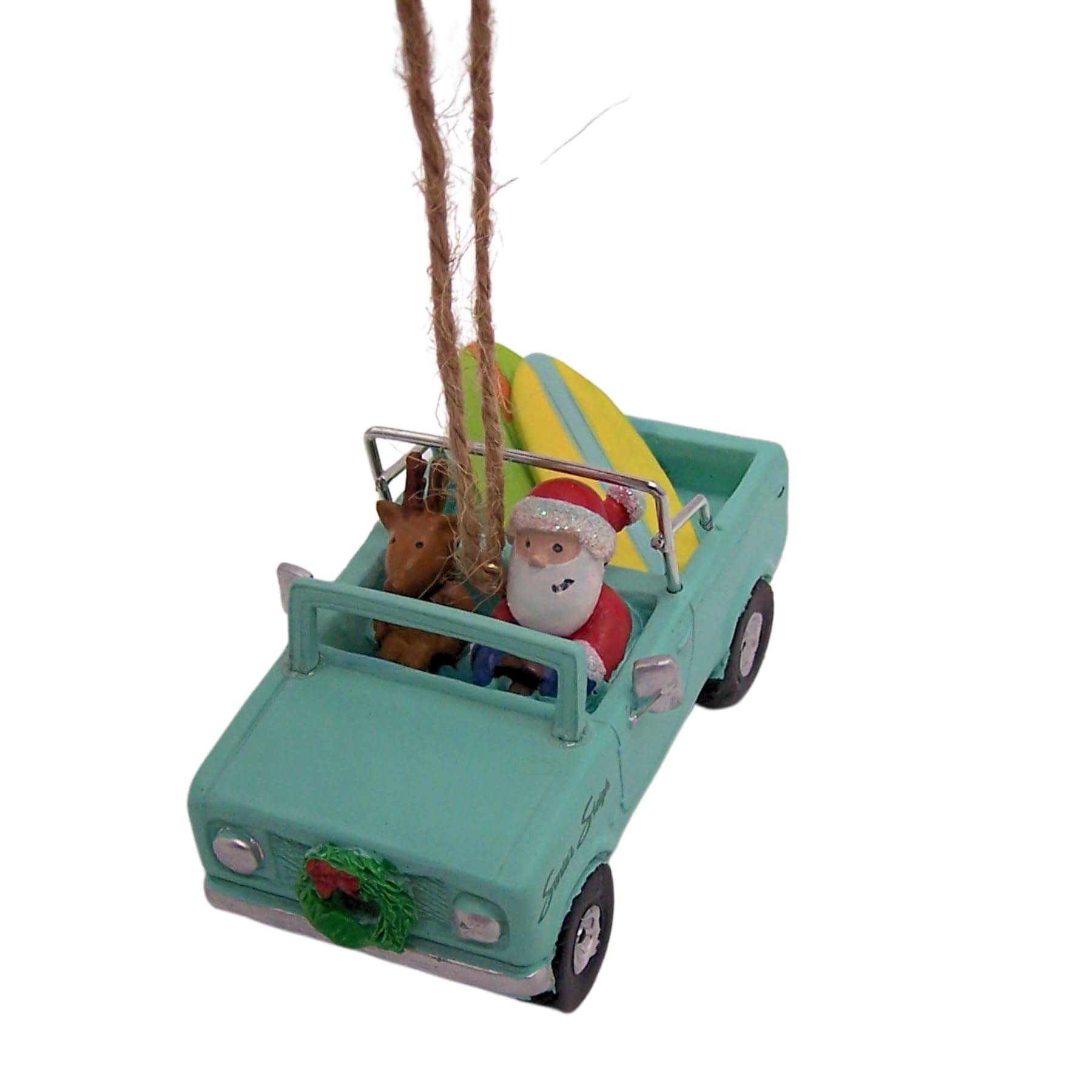 Resin Santa and Reindeer in Scout Car with Surfboards Christmas Tree Ornament, Hanging Festive Ornament, Festive Decor, 2 Inches