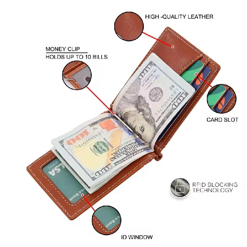 Image of Genuine Leather Slim Wallet | RFID Blocking Bifold Men's Purse | Front Pocket Card Holder | 9 Card Slots, 1 ID Window | Card Puller, 2 Hidden Pockets | Travel and Office Carry (B Tan)