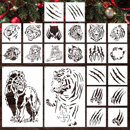 22 PCS Lion Tiger Stencils, Tiger Paws Reusable Plastic Paint Templates for Painting on Wood, Lion Tiger Head Stencils Set for Canvas Drawing Art Tile Home Wall DIY Craft Decoration (2 Size)