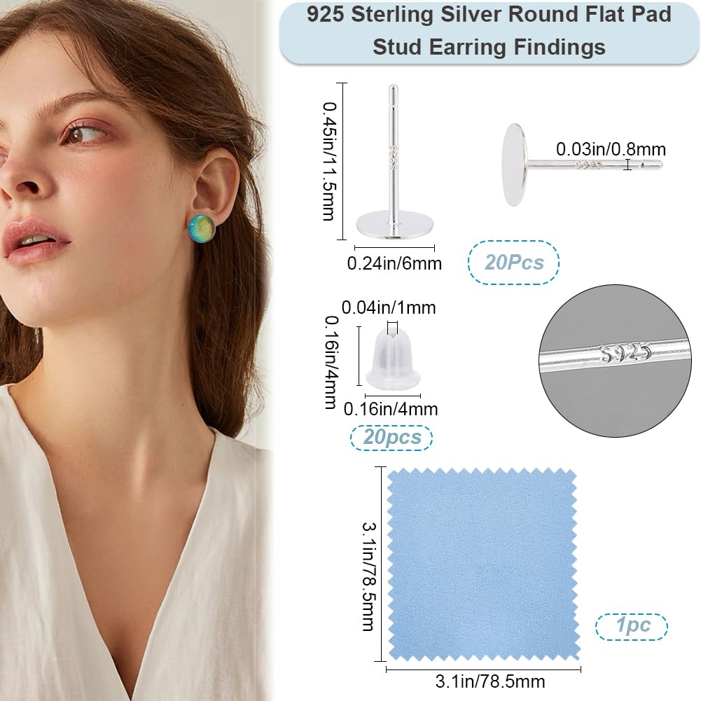 Beebeecraft 1 Box 20Pcs Sterling Silver Earring Posts and Backs 6mm Flat Pad Blank Earring Studs Round Cabochon Bezel Ear Findings with 20Pcs Ear Nuts for Jewellery Making DIY Crafts Supplies - Image 2