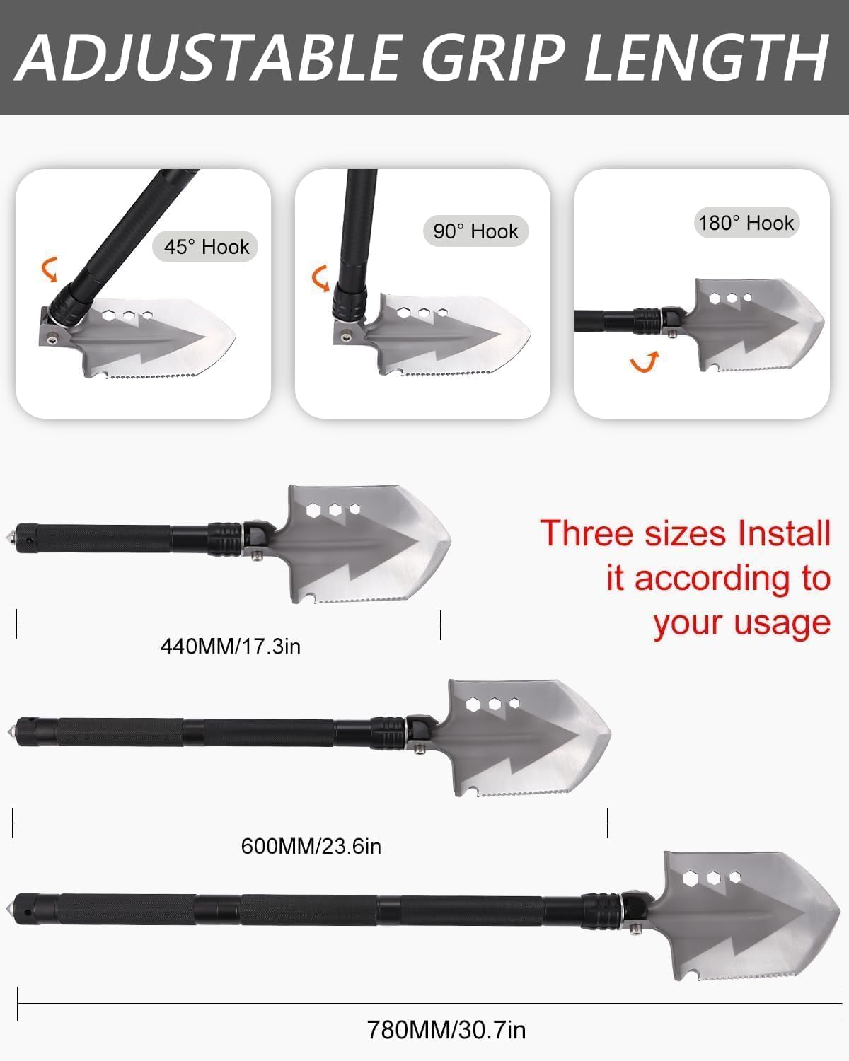 Pelle Pliante, Multifonctionnelle Pelle Pliable 78cm，Pelle avec 3 Combinaisons de Longueurs, Pelle Pliable 180 Degrés, Pelle de Survie pour Camping, Hors Route, Randonnée, Jardin, Chasse