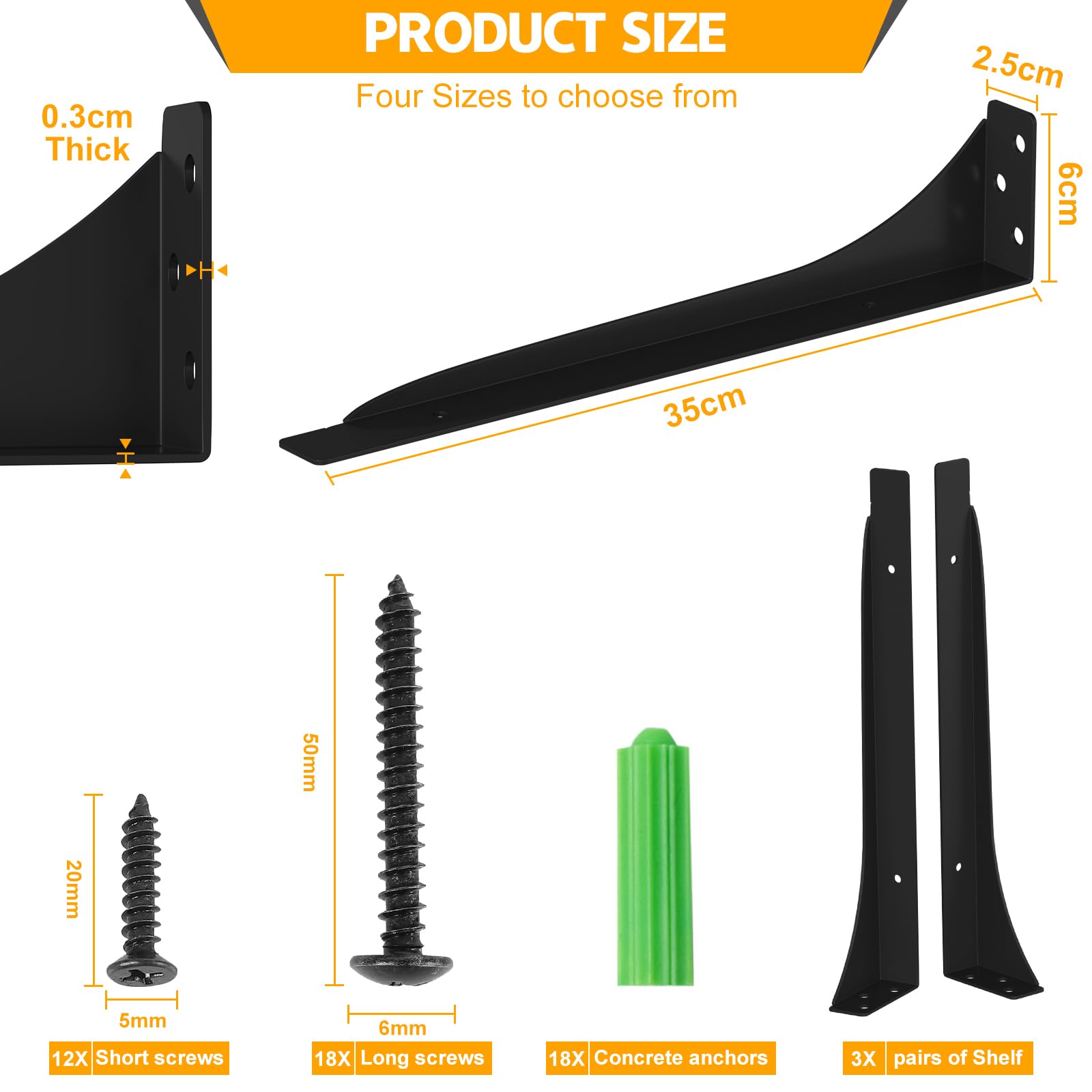 Mordx Heavy Duty Metal Brackets - 6pcs, 90° Wall Mount, Floating Shelf Brackets (Black, 35CM) - Image 2