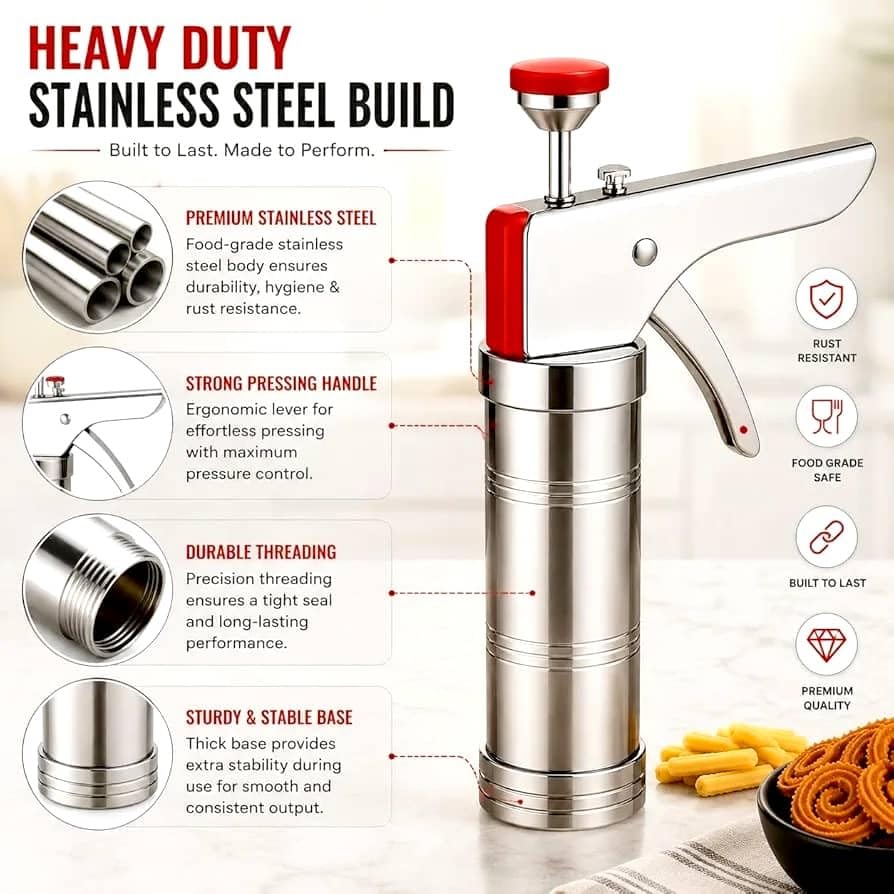 Image of Sev Maker Machine Stainless Steel with 15 Interchangeable Jali Discs, Hand Press Snack Maker, Murukku Maker, Chakli Press, Namkeen Maker for Home Kitchen