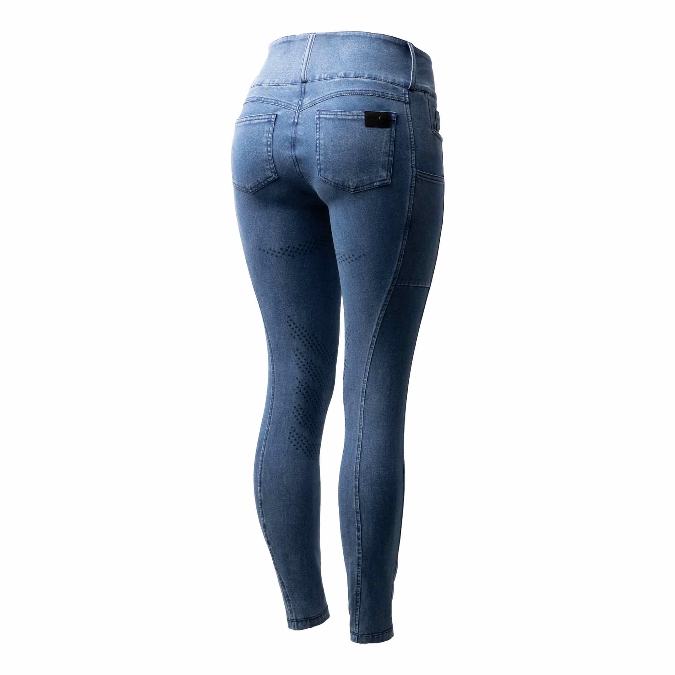 HORZE Carolyn Damen Denim Vollbesatzreithose – 4-Wege-Stretch, Handytasche, Hybrid-Grip & Gürtelschlaufen, Blau, 38
