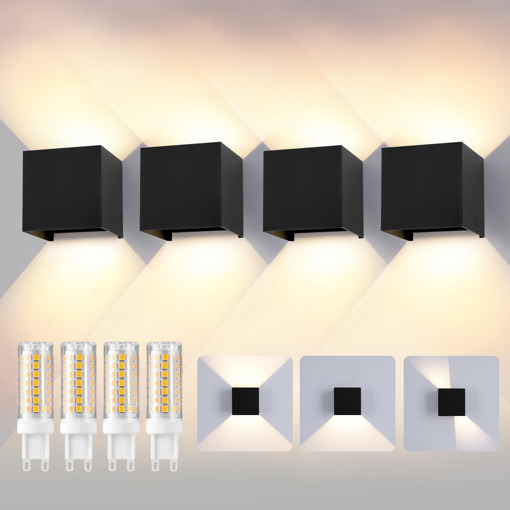 Applique da Esterno con 9W 3000K Bianco Caldo G9 Sorgente Luminosa Sostituibile Applique da Parete Interno IP65 Impermeabile Lampade da Esterno Angolo del Fascio Regolabile【4 Pezzi Nero】