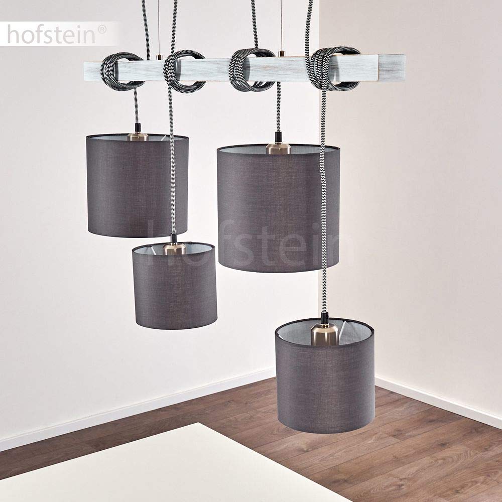 HOFSTEIN Pendelleuchte Bramois, Hängelampe aus Metall mit Textilkabel, Leuchtenschirme aus Stoff in Grau/Weiß, Hängeleuchte im Retro/Vintage-Design mit Schirmen aus Stoff, 4 x E27, Esszimmer, Küche