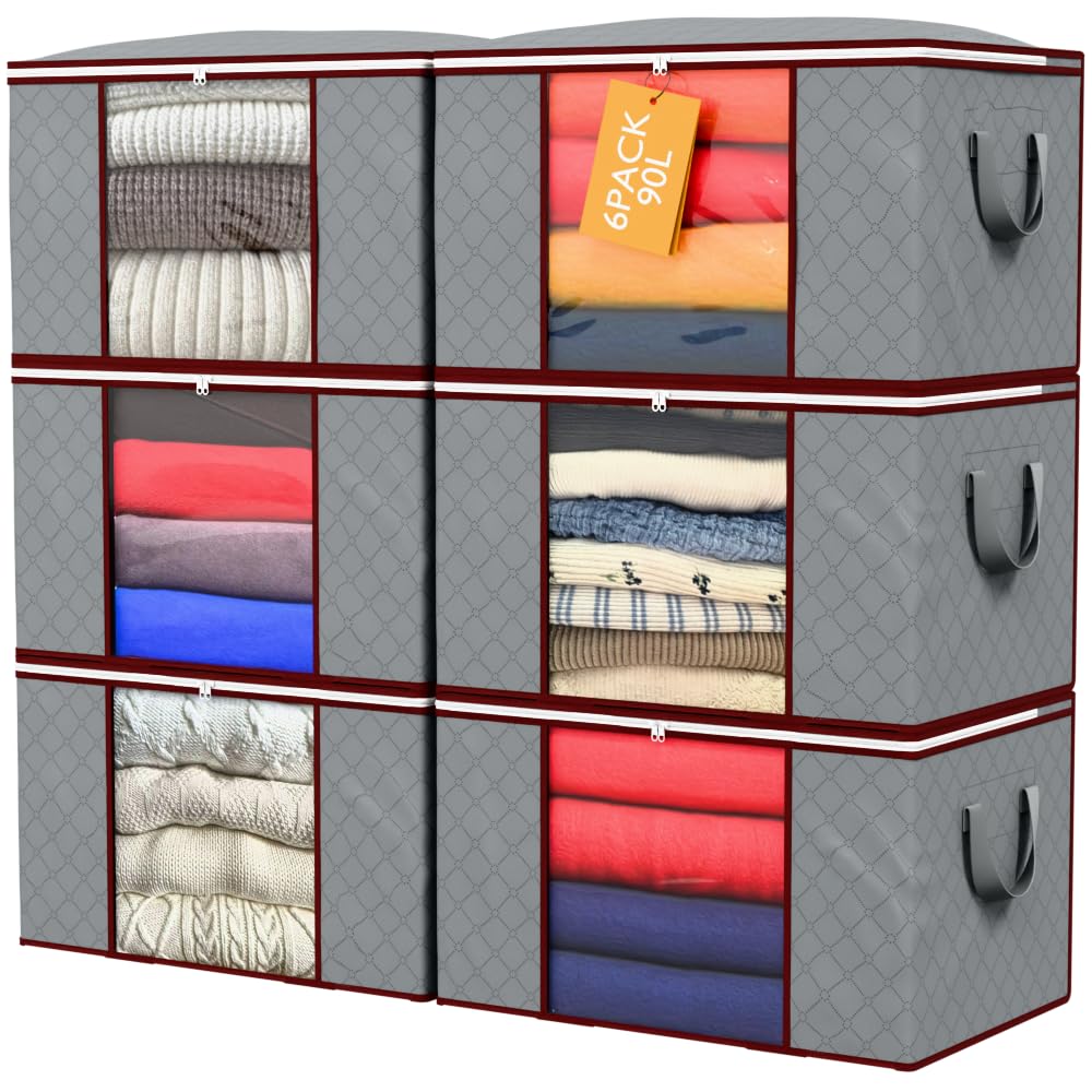 Rockberry Grey Large Clothes Storage Bags With Zip, 90L Clothing Storage Boxes With Lids &Reinforced Handles| Foldable Closet Organizers For Clothes, Blankets, Duvet, Comforters, Bedding & Toys|6 Packing Moving Bags