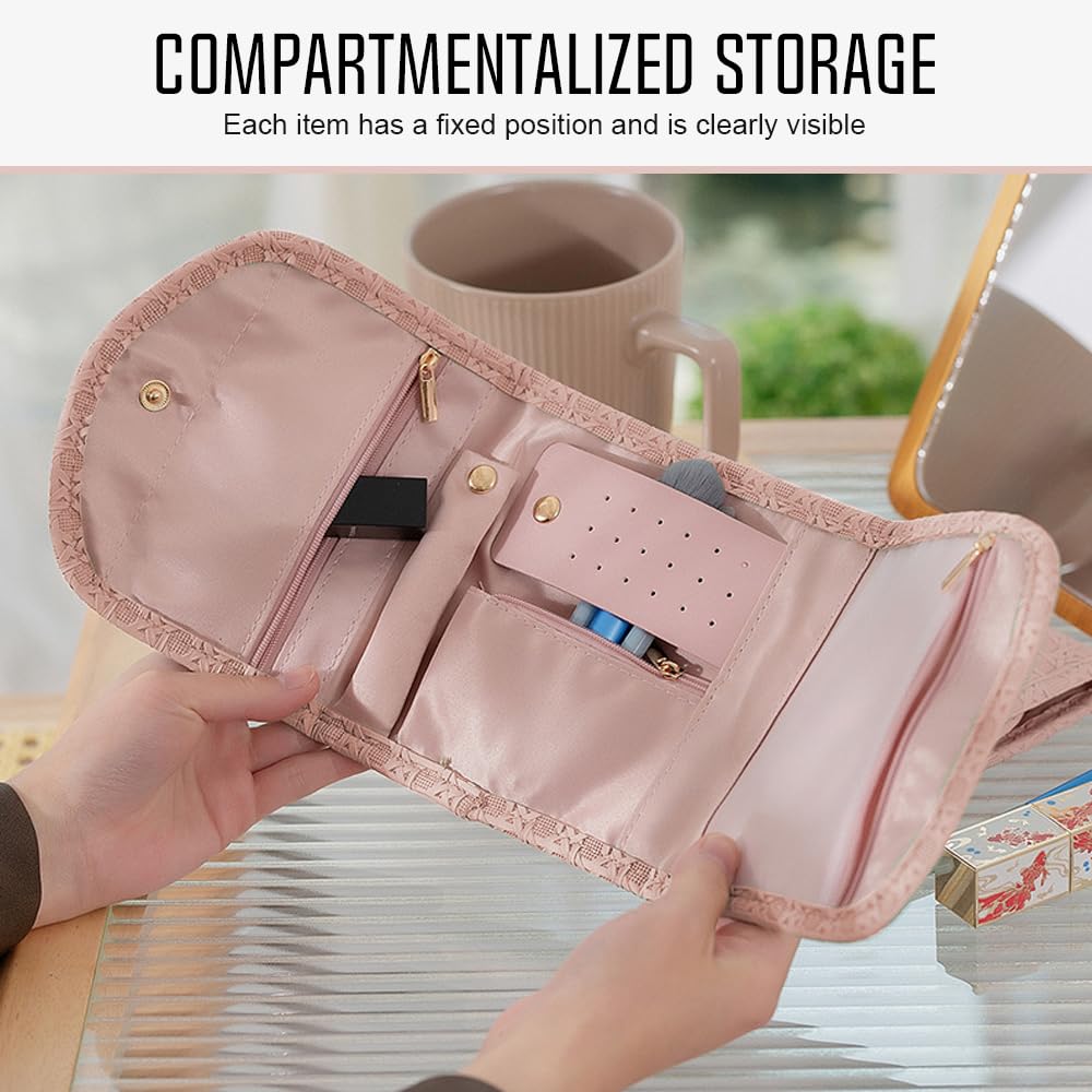 Bolsa de rodillos para joyas, organizador de viaje, piel sintética, almacenamiento para pendientes, rosa
