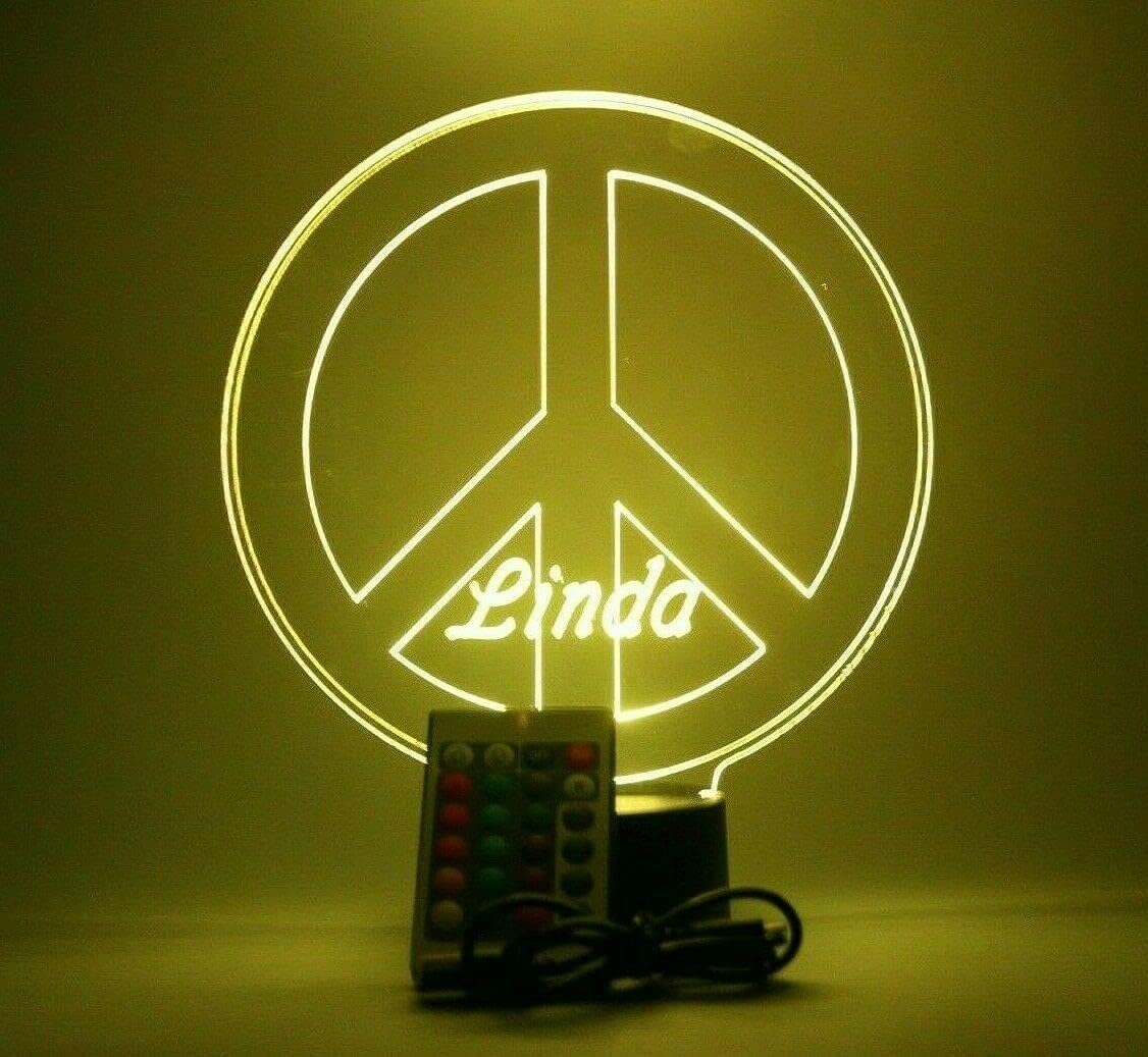 MIRROR MANIA Tranquility Serenity Harmony Peace Sign Light Up Table Desk Lamp LED Personalized Peace & Love Stand - It's Wow, 16 Color Options with Remote, Dimmer, Free Engraved, Great Gift