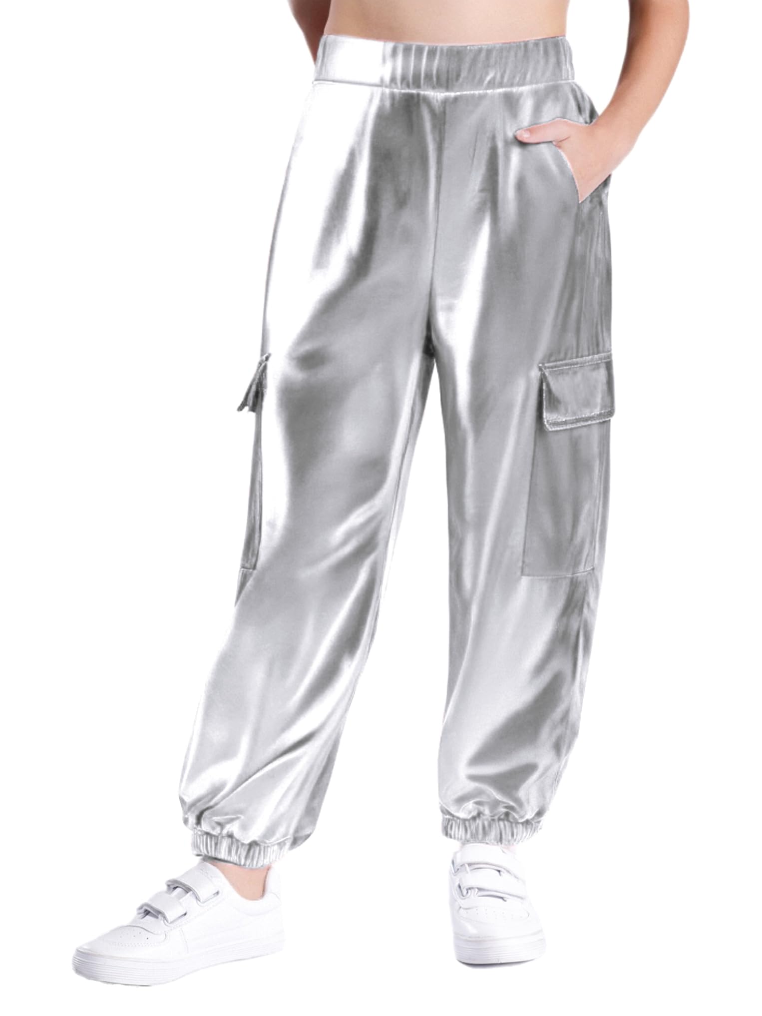 Oyolan Pantalones De Baile Callejero Metálicos para Niñas Niños Pantalón Brillante Cintura Elástica Pantalones De Chándal Deportivos