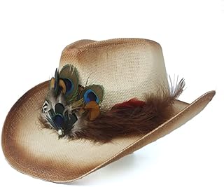 XY-hat Caldo Summer Lady Straw Sombrero Hombre Beach Cowgirl Jazz Cappello da Sole 2019 Peacock Feather Hollow Cappello da Cowboy Occidentale per Moda (Color : Beige, Size : 56-58)