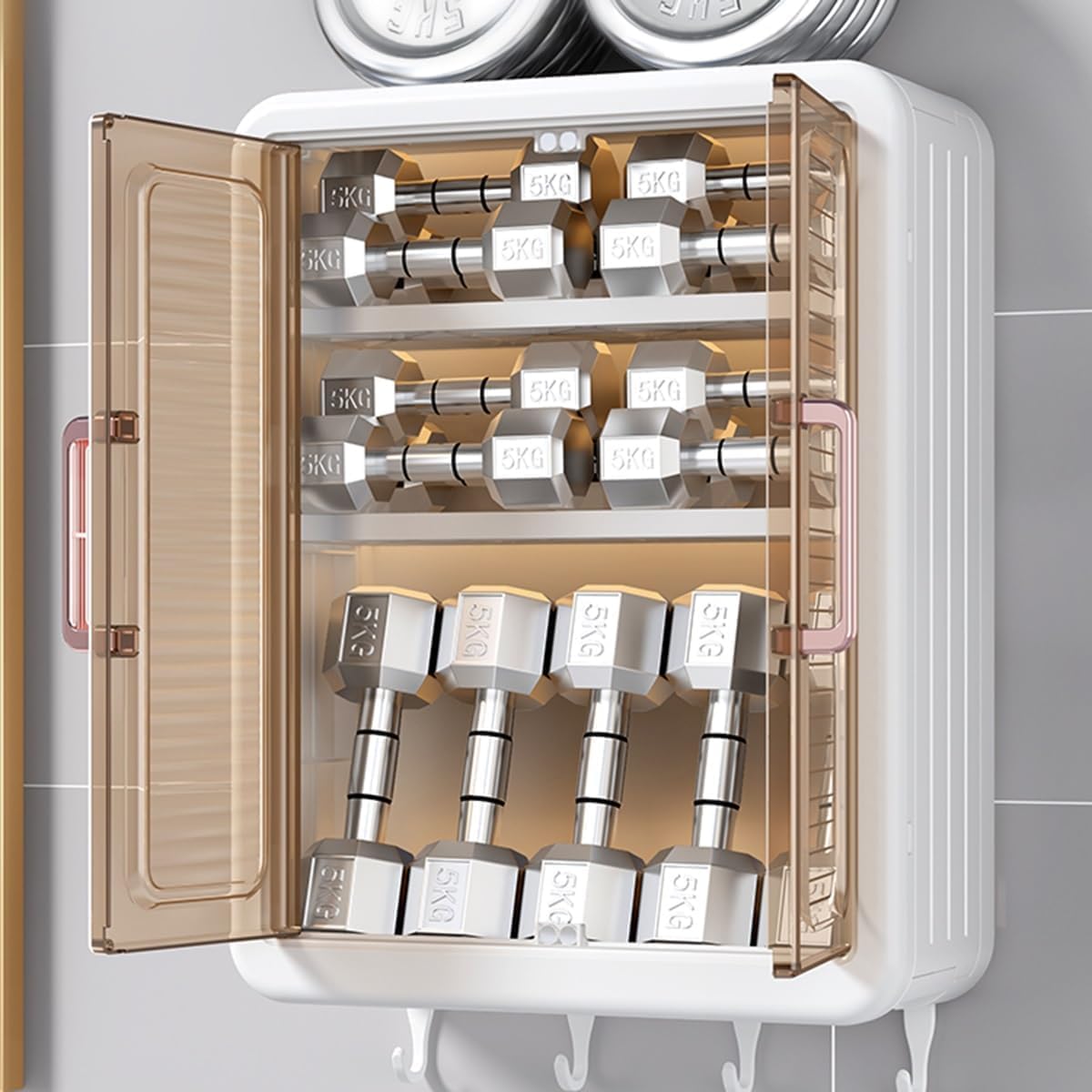 Dhruman Wall Mounted Bathroom Cabinet Organizer with Doors | No Drill Adhesive Hanging Storage Rack with Shelves & Hooks | Waterproof Plastic Bathroom Shelf for Shampoo, Skincare, Towels & Razor 1