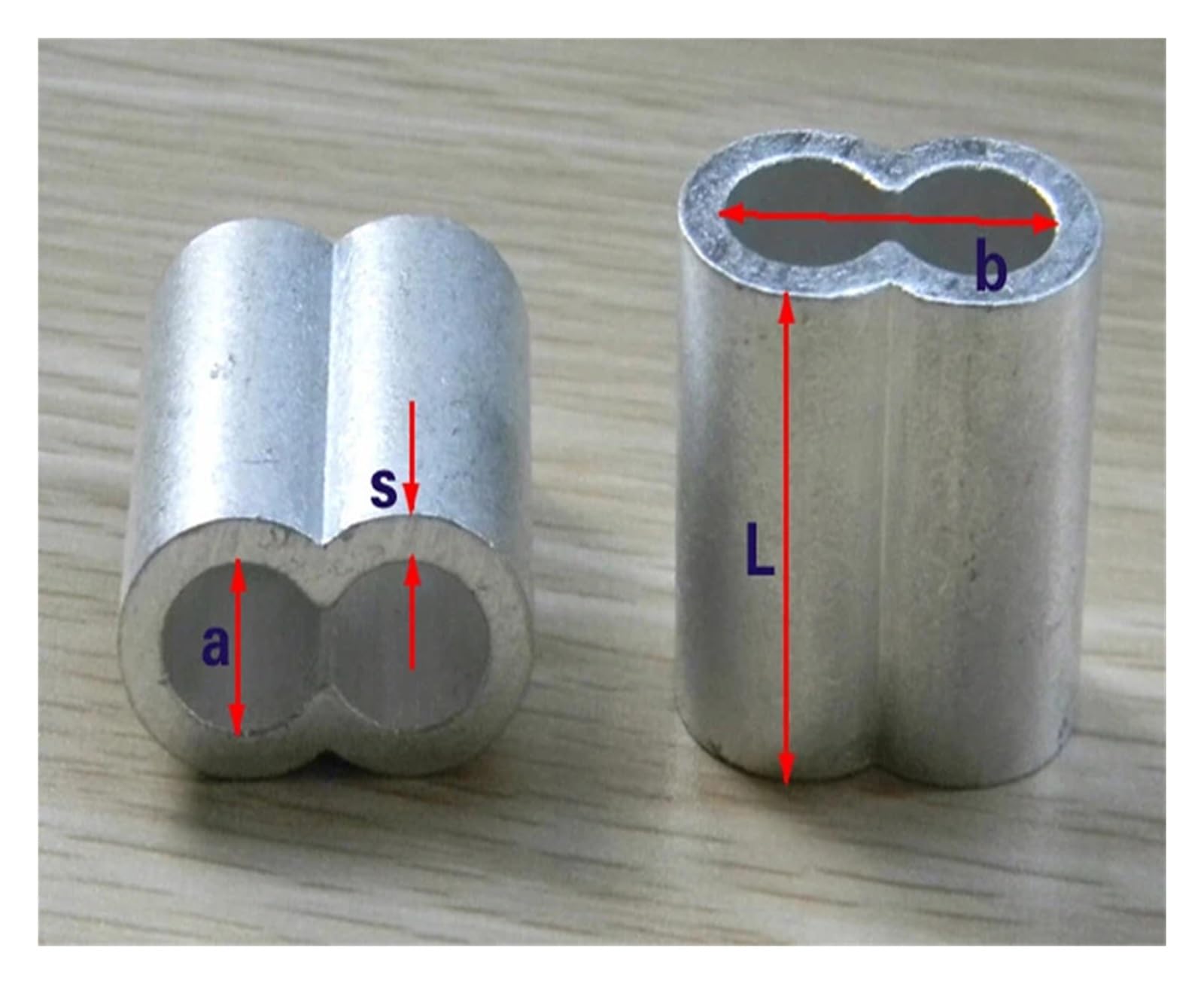 Aluminiowe tuleje zaciskowe z podwójnym otworem, Aluminiowe zaciski zaciskowe z podwójnym otworem do lin stalowych, różne rozmiary, srebrne(M5)