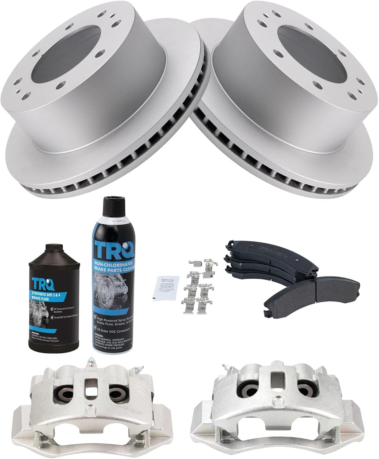 TRQ Rear Semi-Metallic brake Pad Coated Rotor & Caliper Kit w/Fluids for Chevy