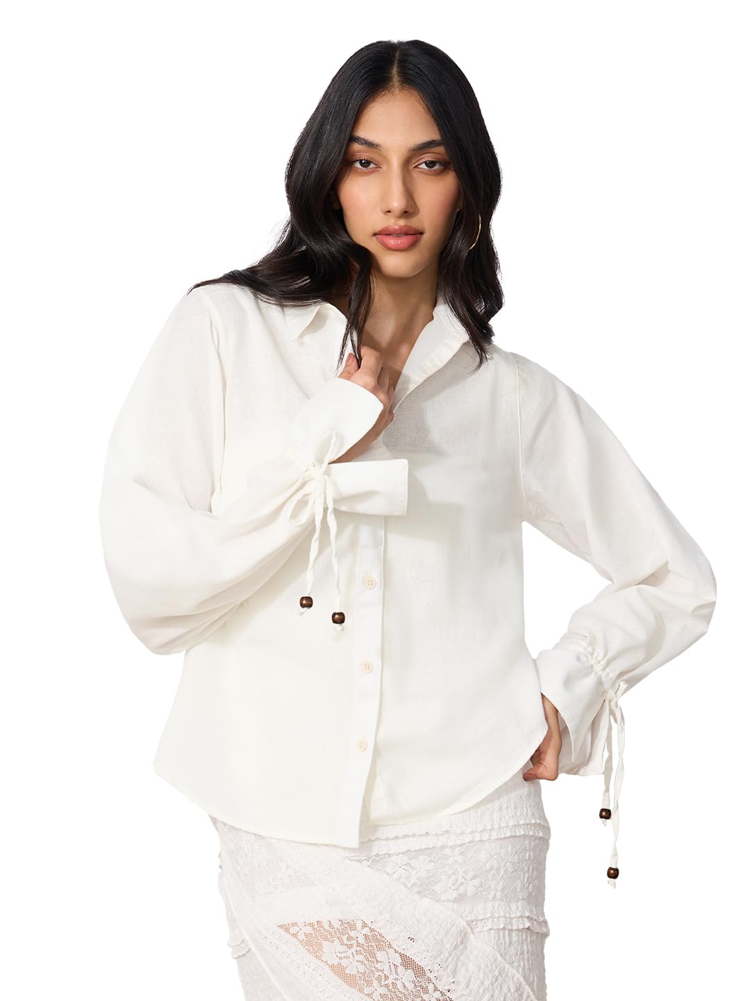Cotton Linen: Ivory Women and Girls Long Sleeves Collared Neck Button Front Solid Regular Fit Cotton Linen Shirts