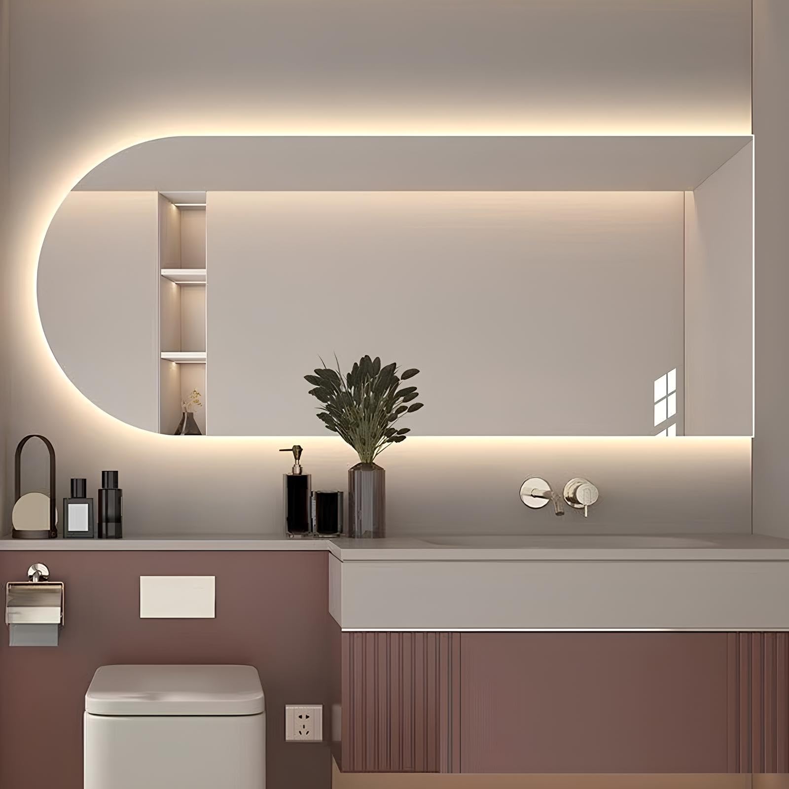 FGXHHS Arched Wall Mounted Vanity Mirror With Lights, 40×70 Cm, 50× 90 Cm Dimmable LED Backlit, Anti-Fog, Touch Control, IP44 Waterproof(Right Cut,60x90cm/23.6x35.4in)