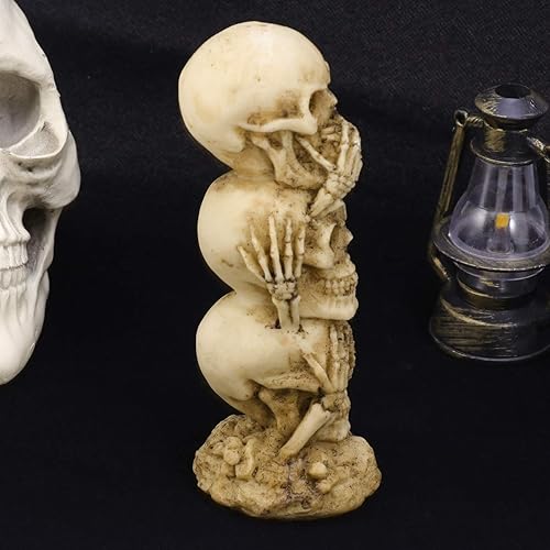 Miniatura 8 de Amosfun - Figura de esqueleto sin malvado para Halloween, ver pequeños cráneos, no ve, no oye, no malvado, figura de esqueleto de calavera apilada,
