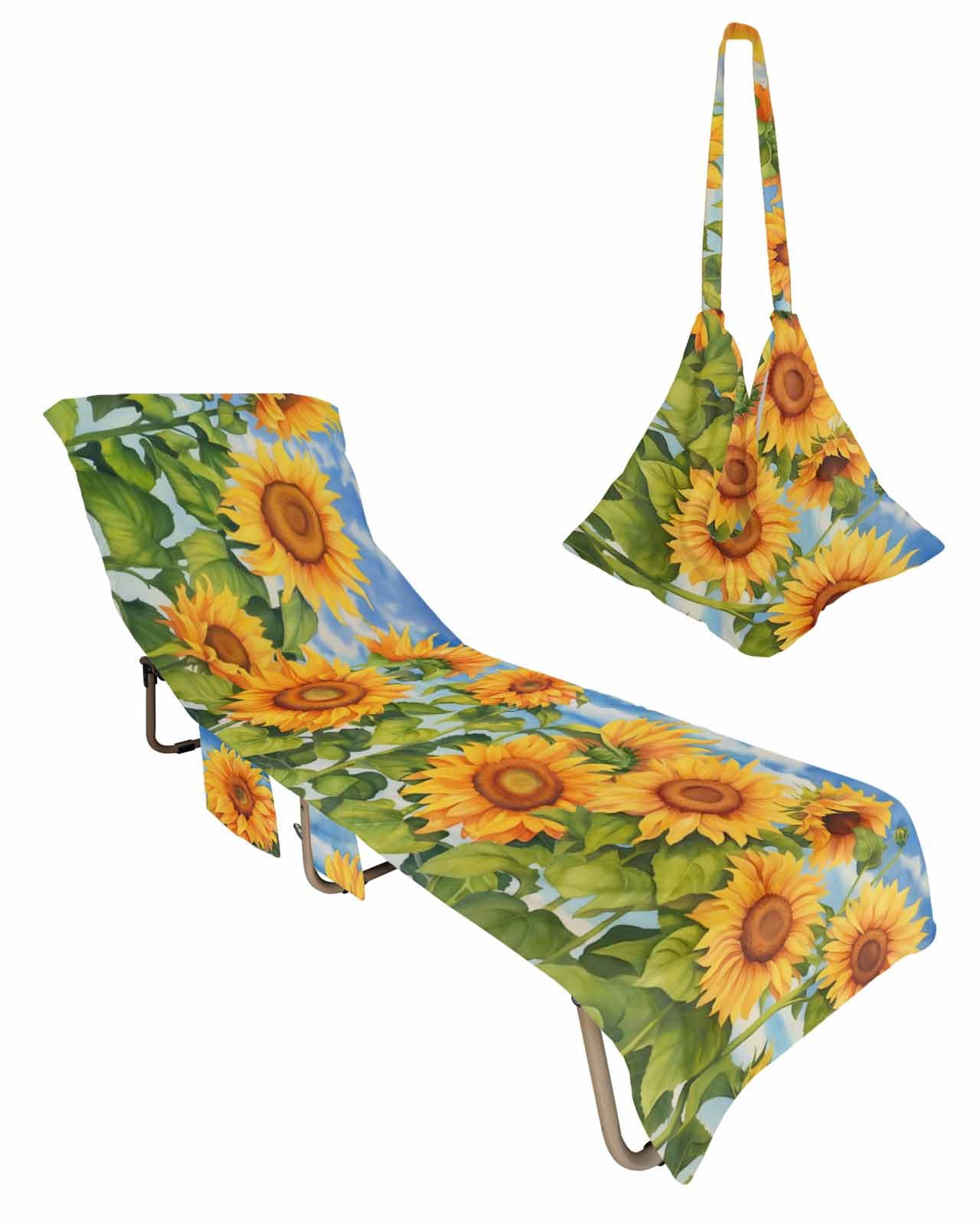 Sunflowers Beach Lounge Chair Towel Cover, Soft Chaise Lounge Towel with Side Pockets Patio Pool Chairs Cover for Beach/Pool Sunbathing 29x85 Watercolor Summer Flowers Botanical