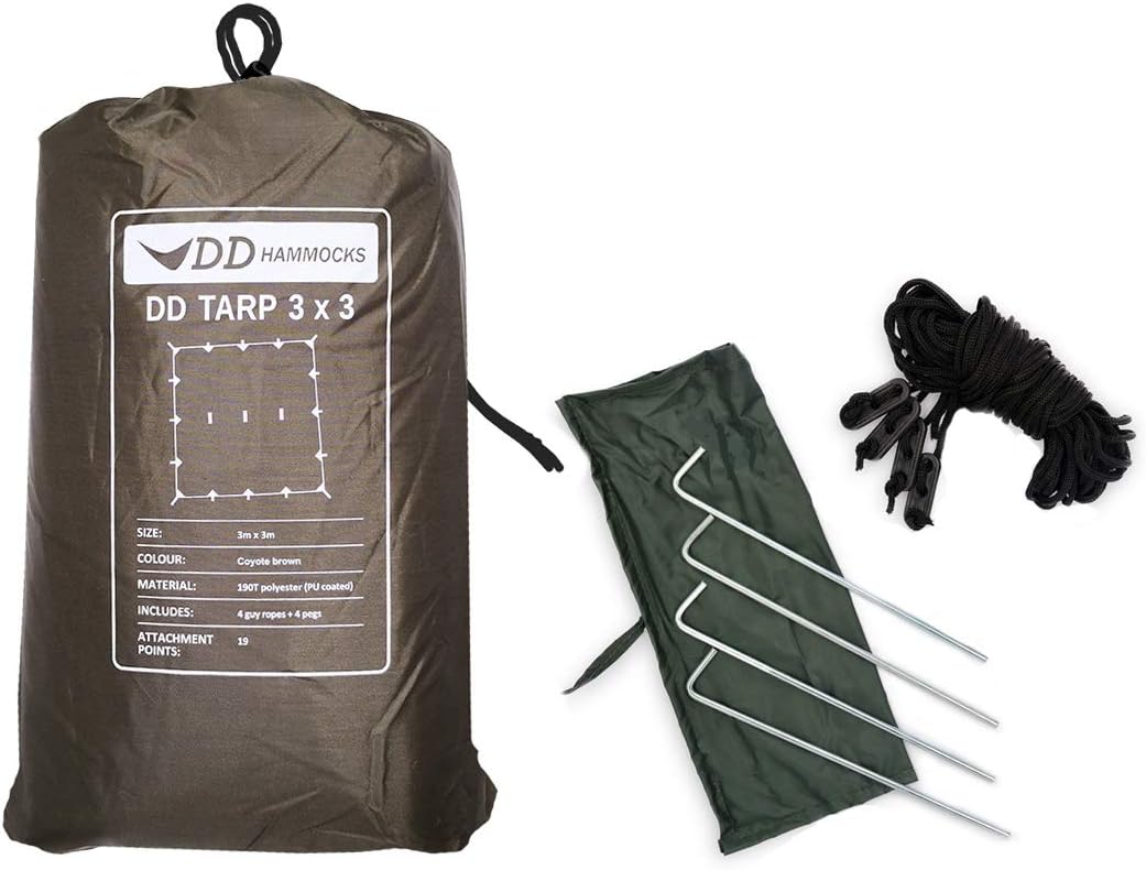 DD Hammocks - DD Tarp 3x3 - Coyote Brown - Lightweight and 100% Waterproof Tarp Tent with 4x Pegs and Guy Lines for Camping Scouts and Bushcraft Adventure