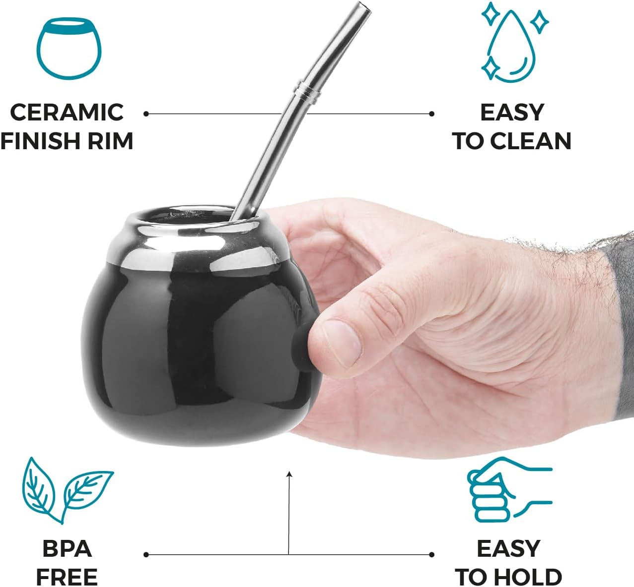 BALIBETOV Ceramic Yerba Mate Cup and Bombilla Set (Original Traditional Mate Cup - 6.7 Ounces) | Includes 1 Bombilla (Yerba Mate Straws to Use) | Ceramic Easy to Clean (Black) - Image 4