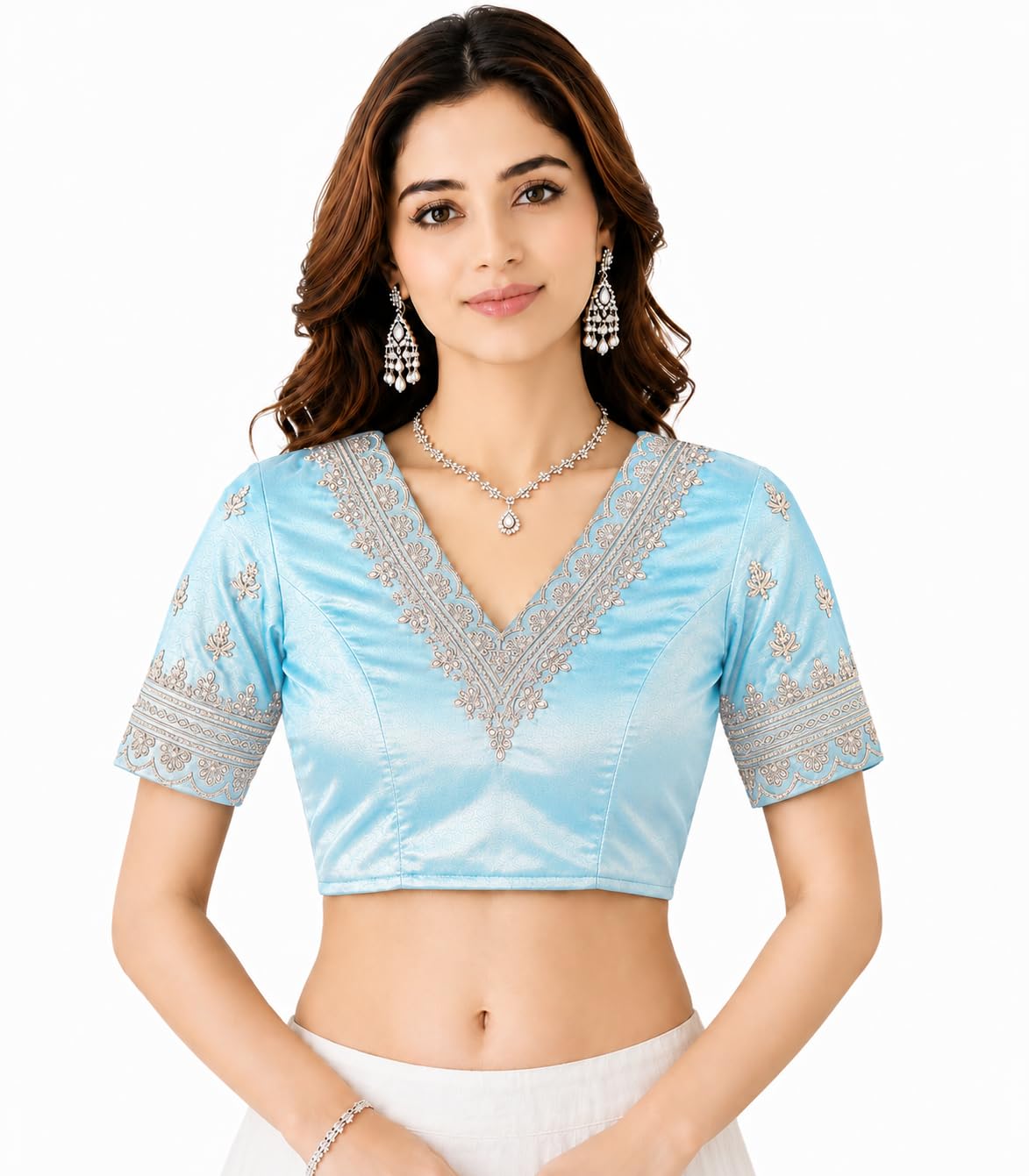 Women's Embroidered Silk Blend Readymade Blouse, V Neck Padded Designer Saree Blouse, Heavy Zari Work Stitched Blouse for Wedding-picture-45