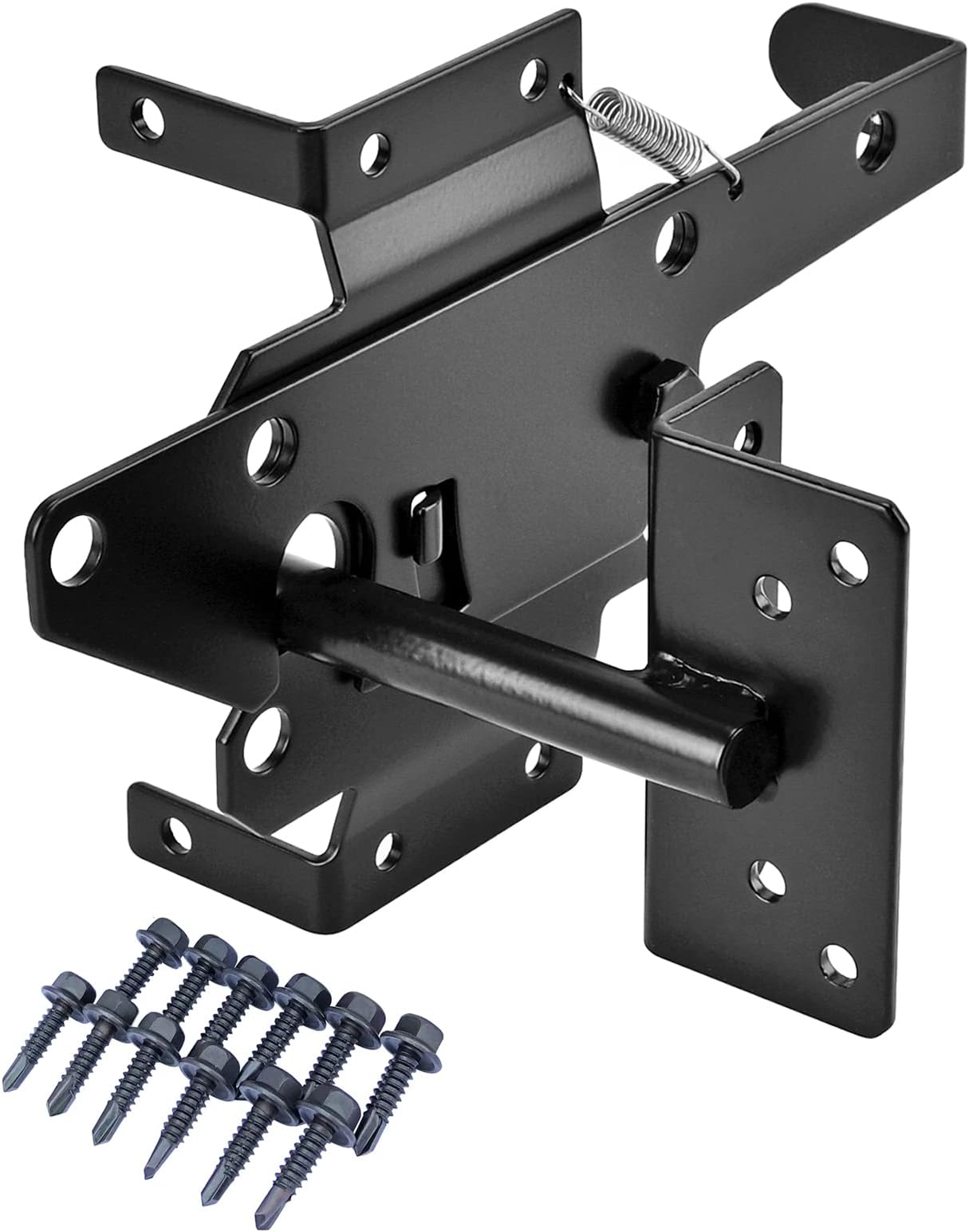 Self-Locking Gate Latch with Screws - Post Mount Automatic Gravity Lever Wood Fence Gate Lock with Fasteners - Heavy Duty Metal Steel Black Finish Coat Gate Holder Door Hardware