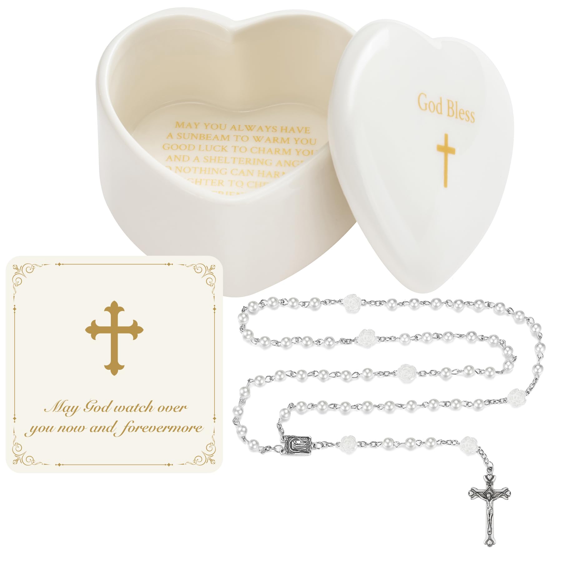 NORBU Baptism Gifts for Girl, My First Rosary with Ceramic Keepsake Box