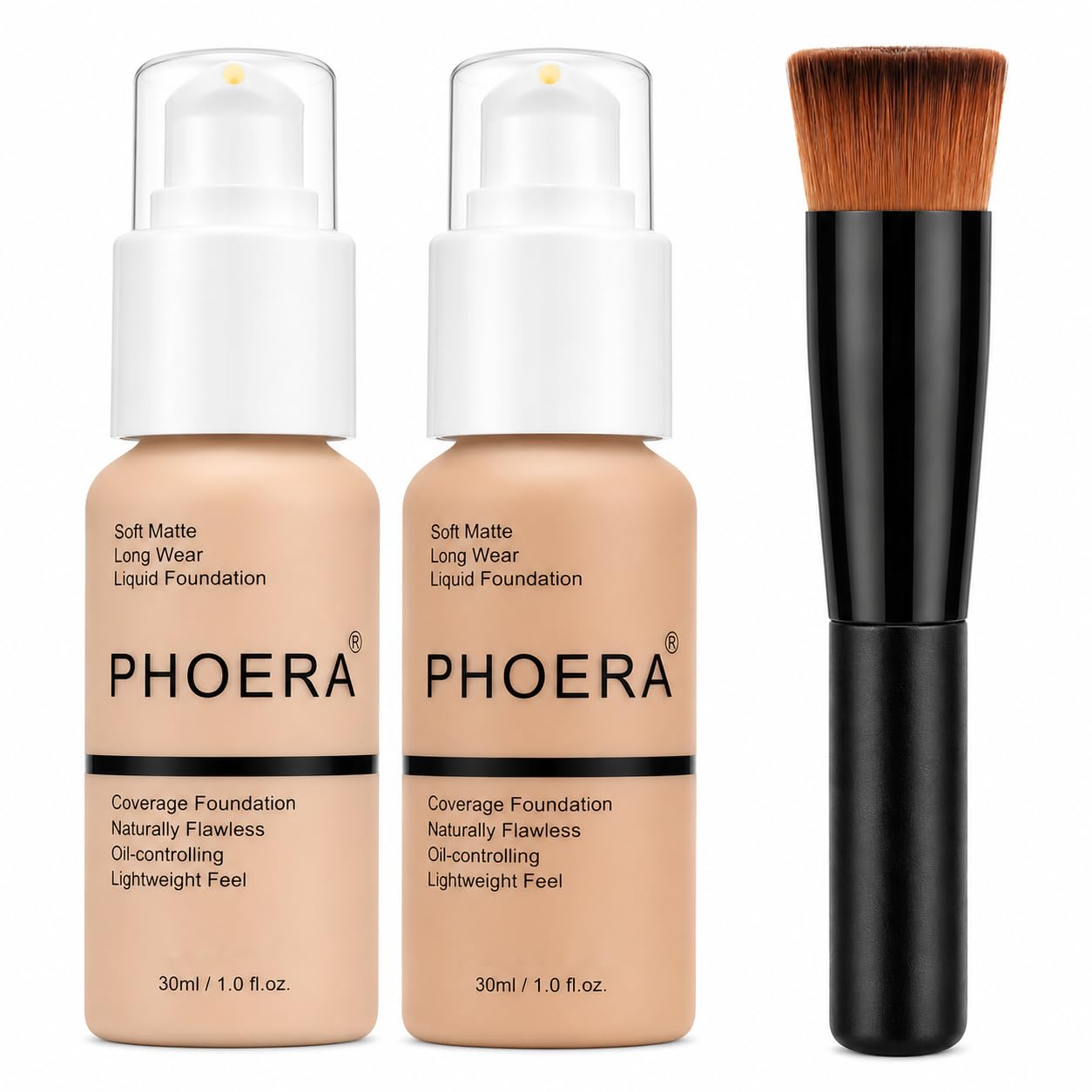 Glamza PHOERA Foundation 102 e 104,Fondotinta a copertura totale, copertura completa, 30 ml, 24 ore di controllo dell'olio opaco (Buff Beige #104) (Nudo #102) + pennello liquido fondotinta