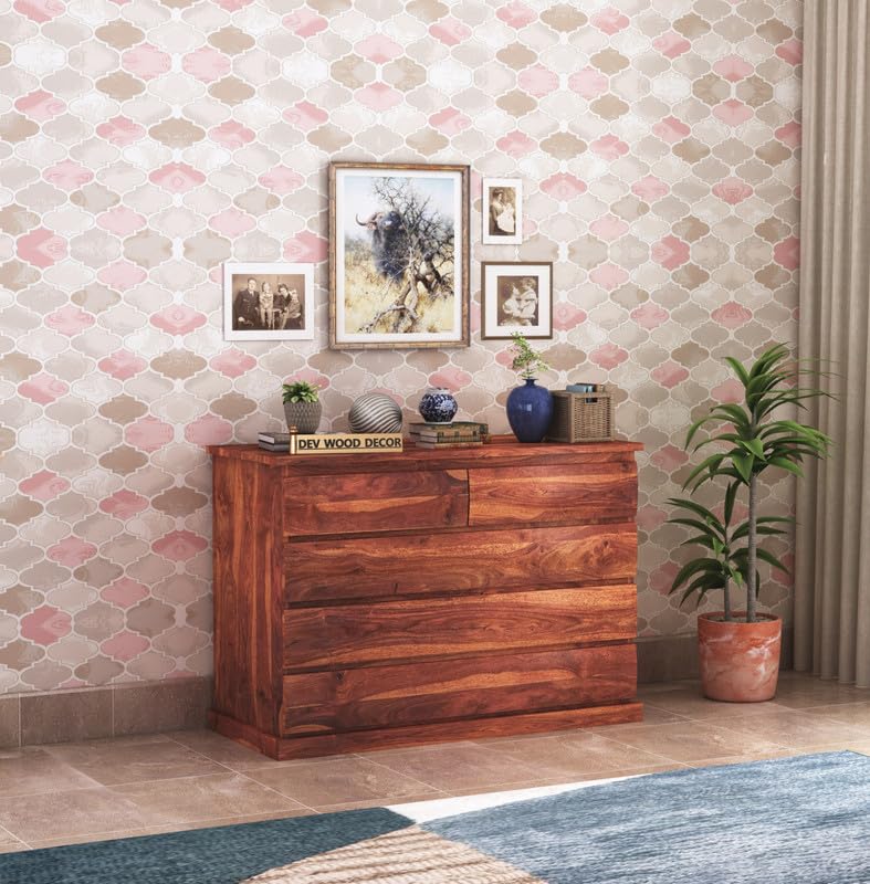 Dev Wood Décor Solid Sheesham Wood Chest of 5 Drawers Storage for Bedroom Living Room Home Wooden Chest of Drawers Cabinet (Honey Finish)-image-49