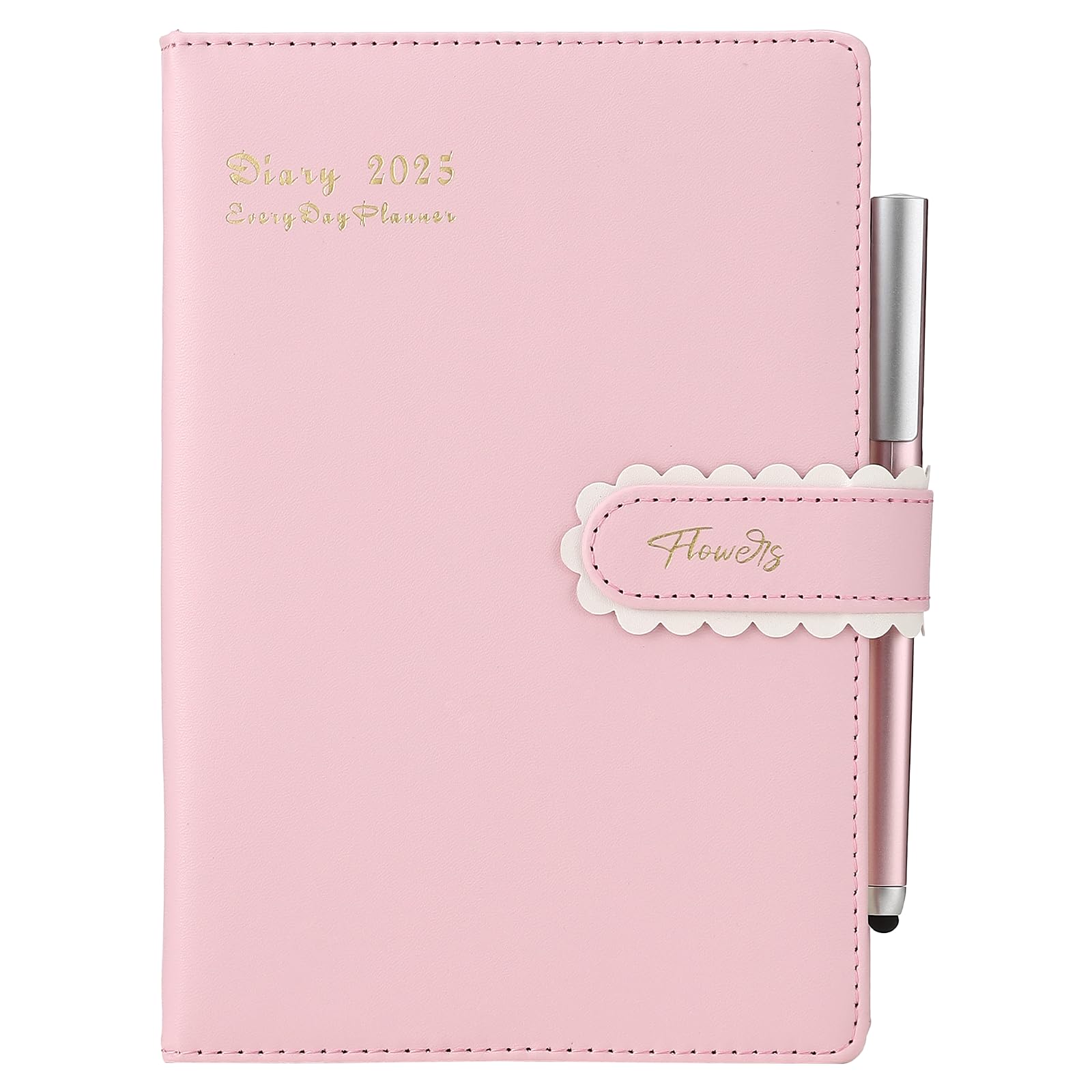 Diary 2025 A5 Day per Page, Organiser Productivity Daily Planner From Jan to Dec 2025, Hardcover Agenda Monthly Planner with Calendar Stickers,Pen,Pen Holder,Back Pocket,Pink